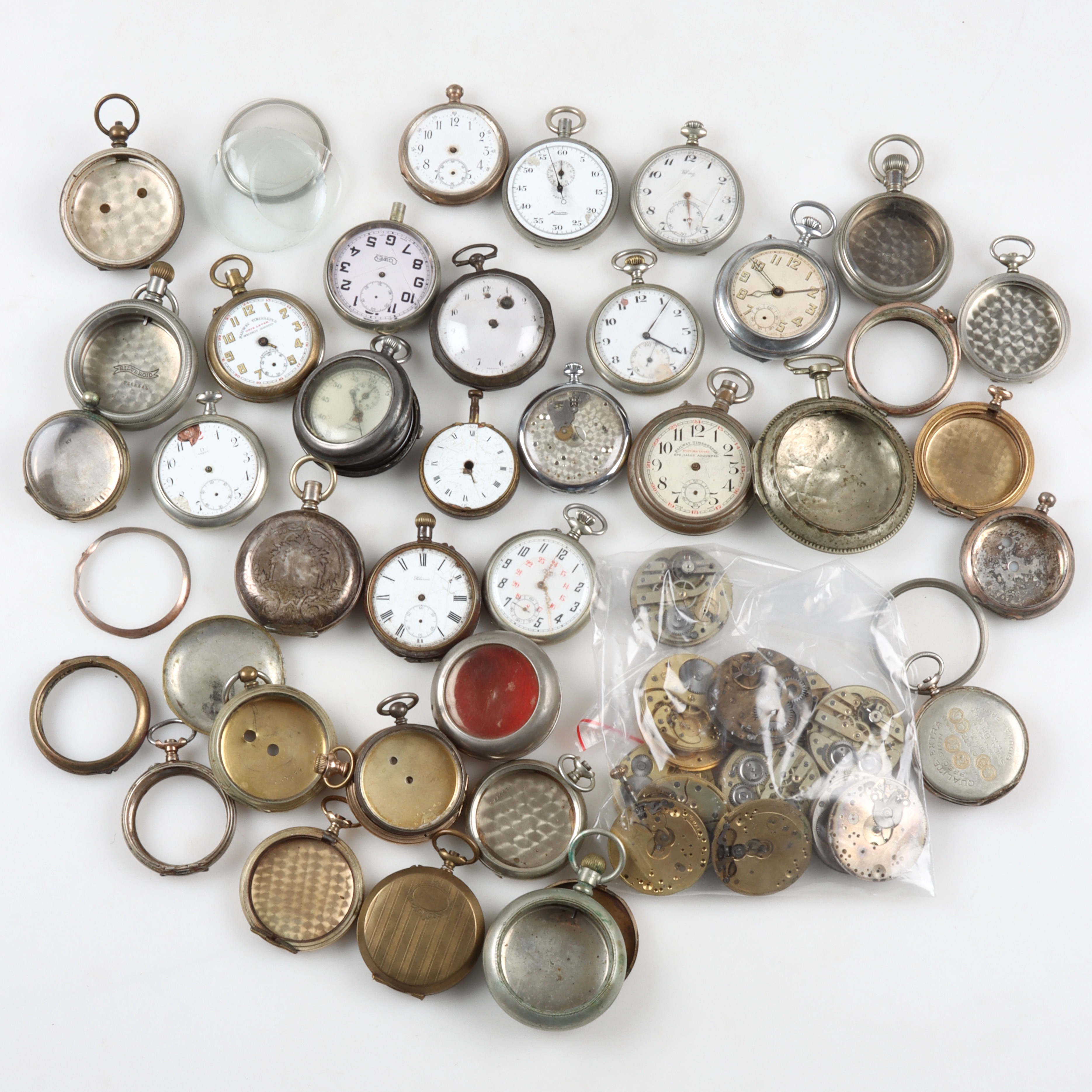 FICKUR, 14 lösa urverk, ca 17 lösa boetter med verkringar, 16 fickur, reservdelsur, 18/1900-tal.