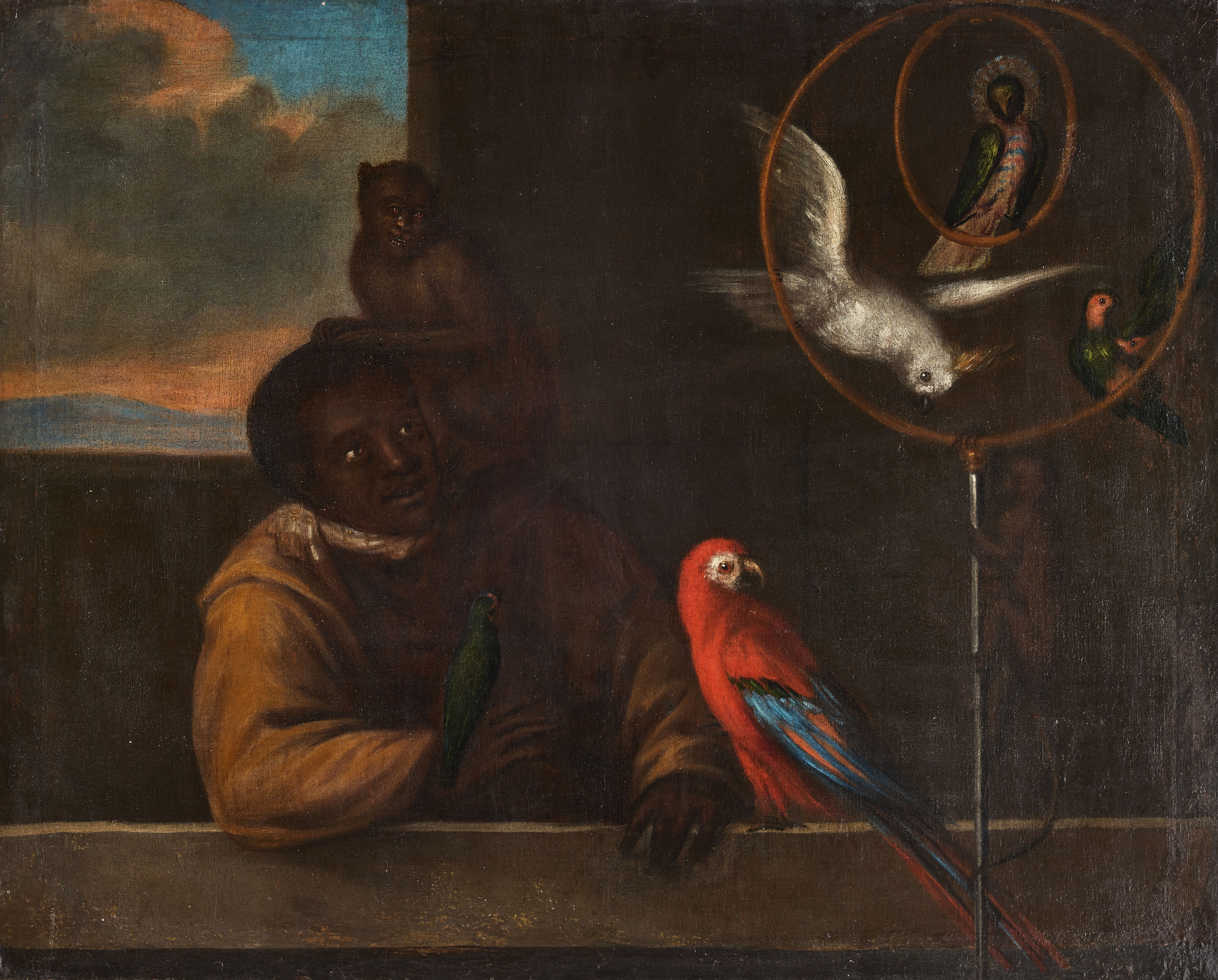 DAVID KLÖCKER EHRENSTRAHL (1628-1698). Hans ateljé, sent 1600-tal. Morian med papegojor och markattor.