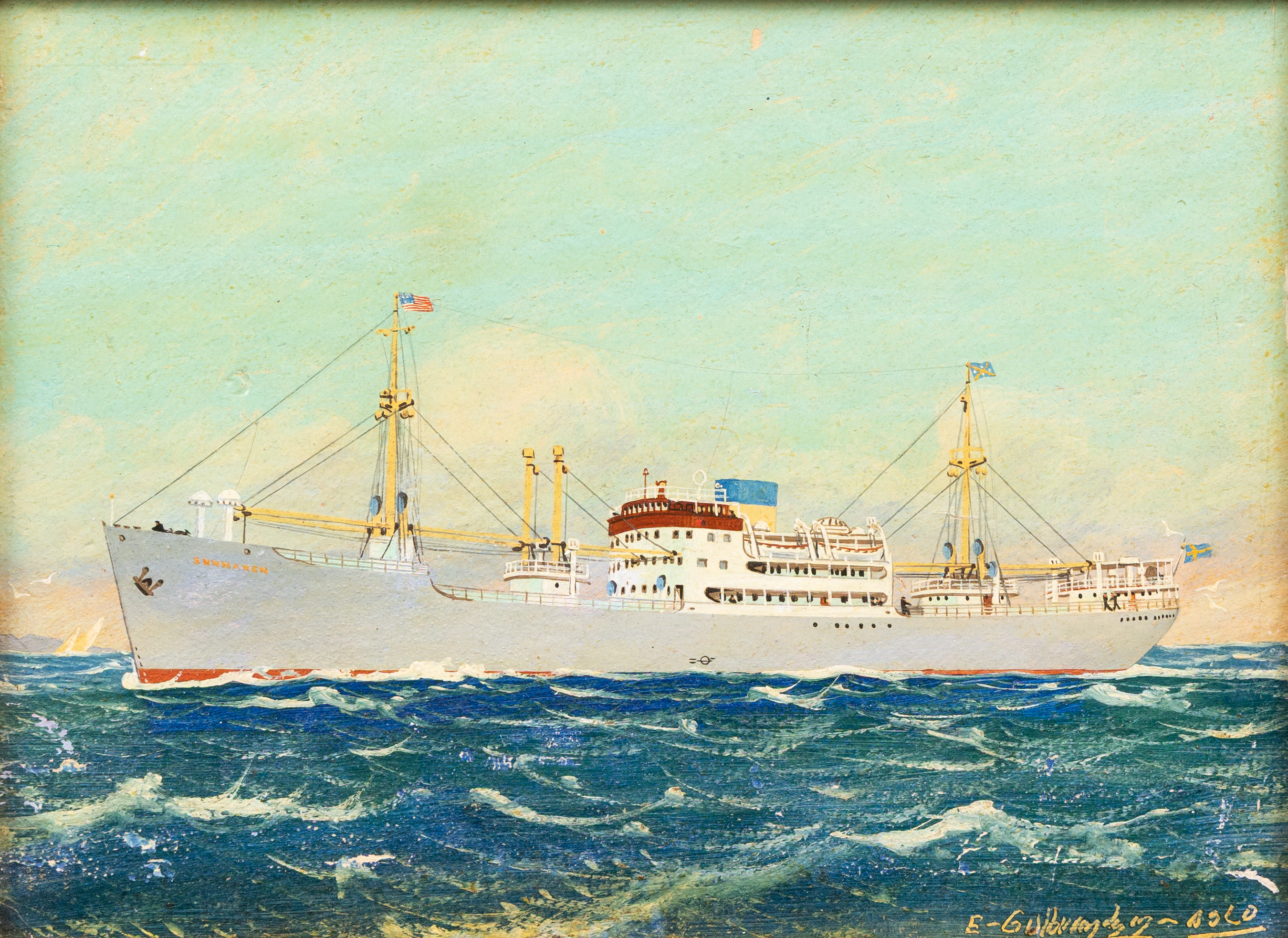 ERLING GULBRANDSEN. OLJEMÅLNING på pannå "M/S Sunnaren".