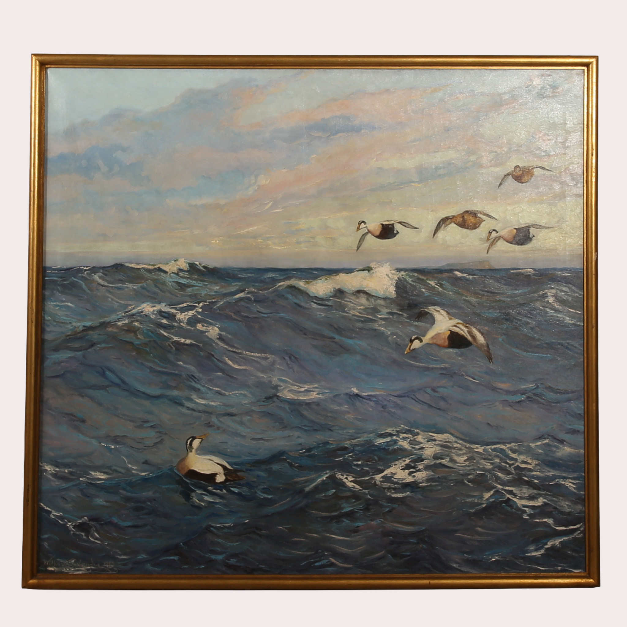 WILLIAM GISLANDER (FLENINGE 1890-1937. Olja på duk, sträckande fåglar, signerad, daterad 1929. Observera storlek 136x146 cm (ramstorlek).