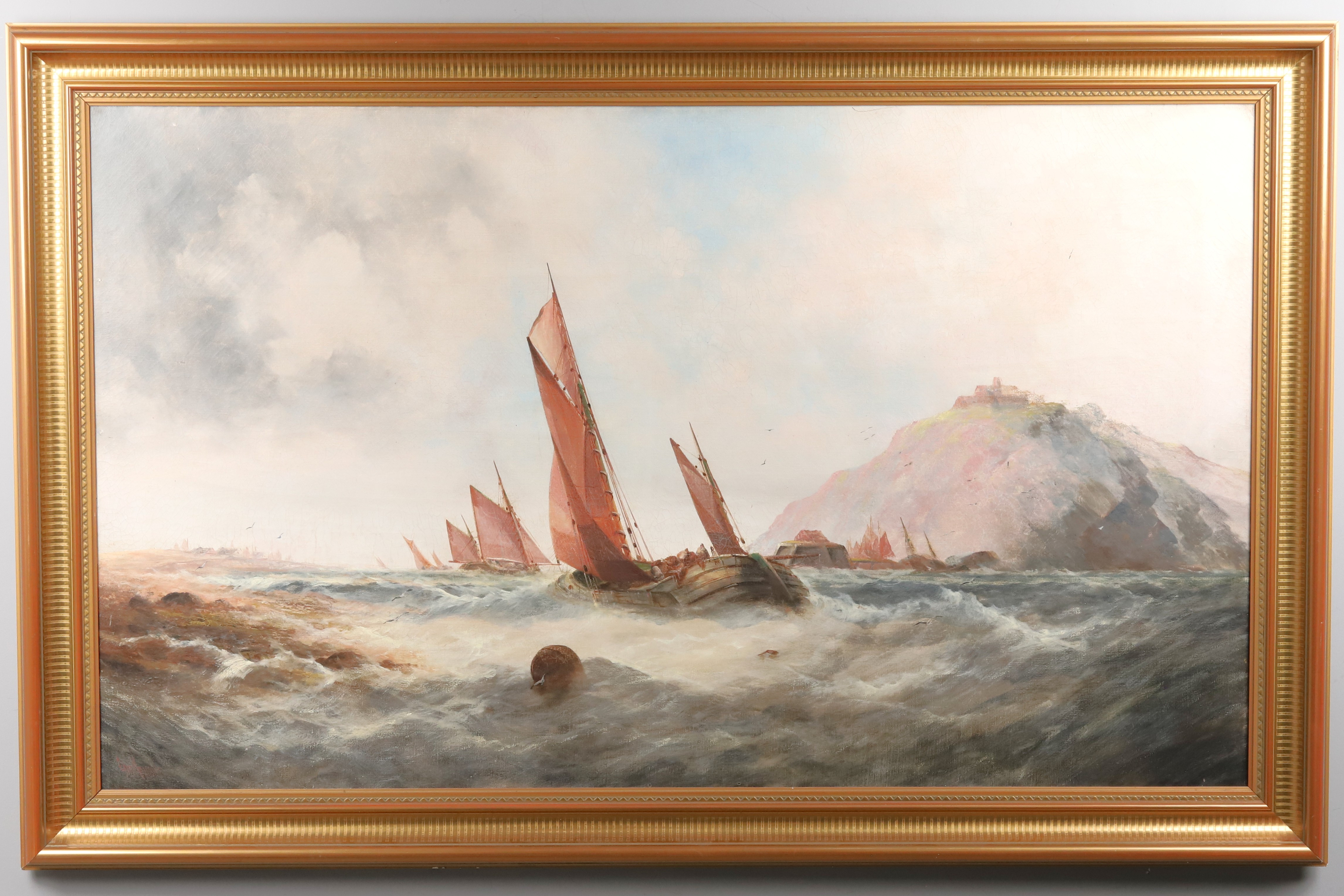 OIDENTIFIERAD KONSTNÄR. OLJA PÅ DUK, engelsk skola," Skuta i grov sjö", signerad, 18/1900-tal.