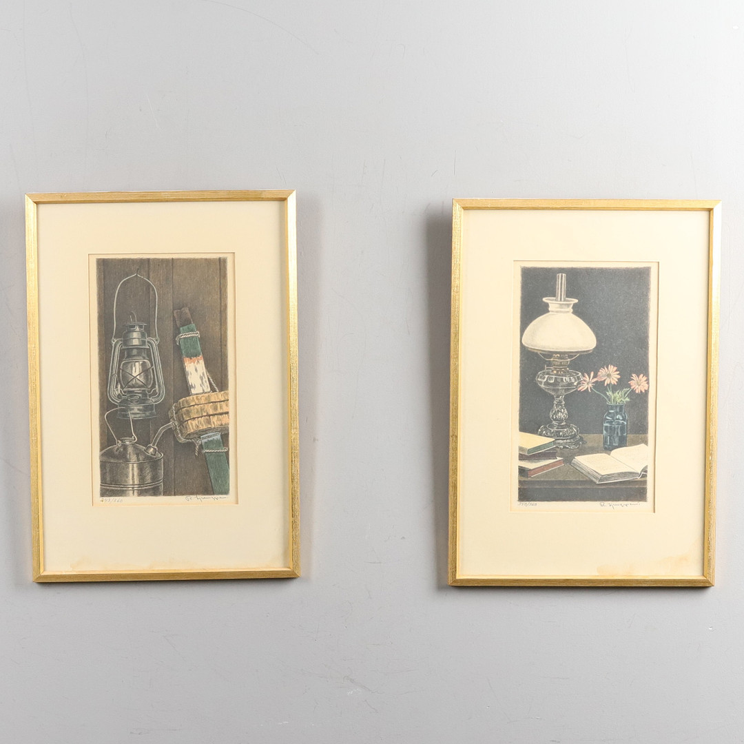 REINHOLD LJUNGGREN. LITOGRAFIER, 2 st, "Från sjöboden" & "Fotogenlampan", signerade & numrerade.