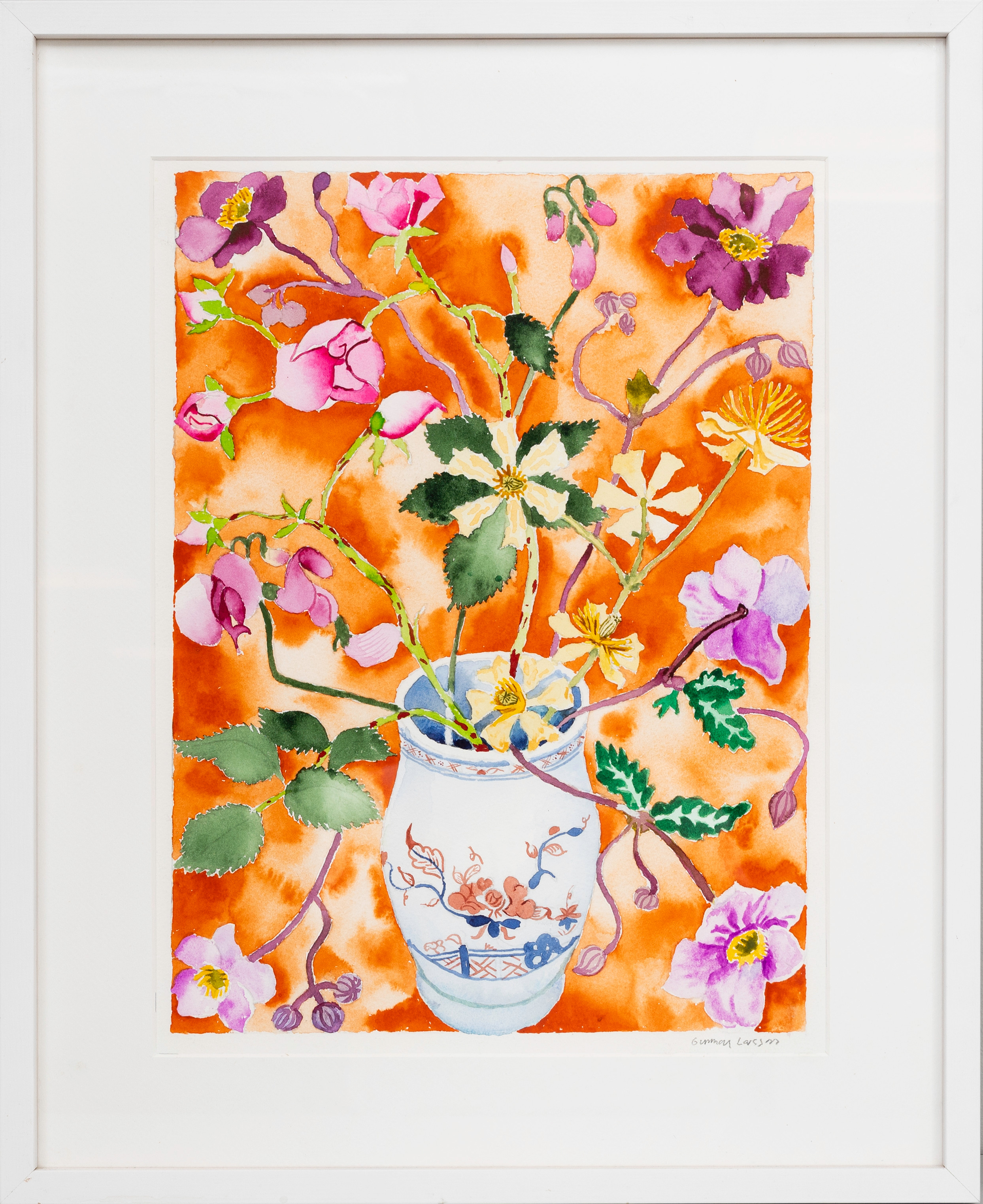 GUNNAR LARSSON. Blomsterkomposition mot orange, akvarell, signerad.