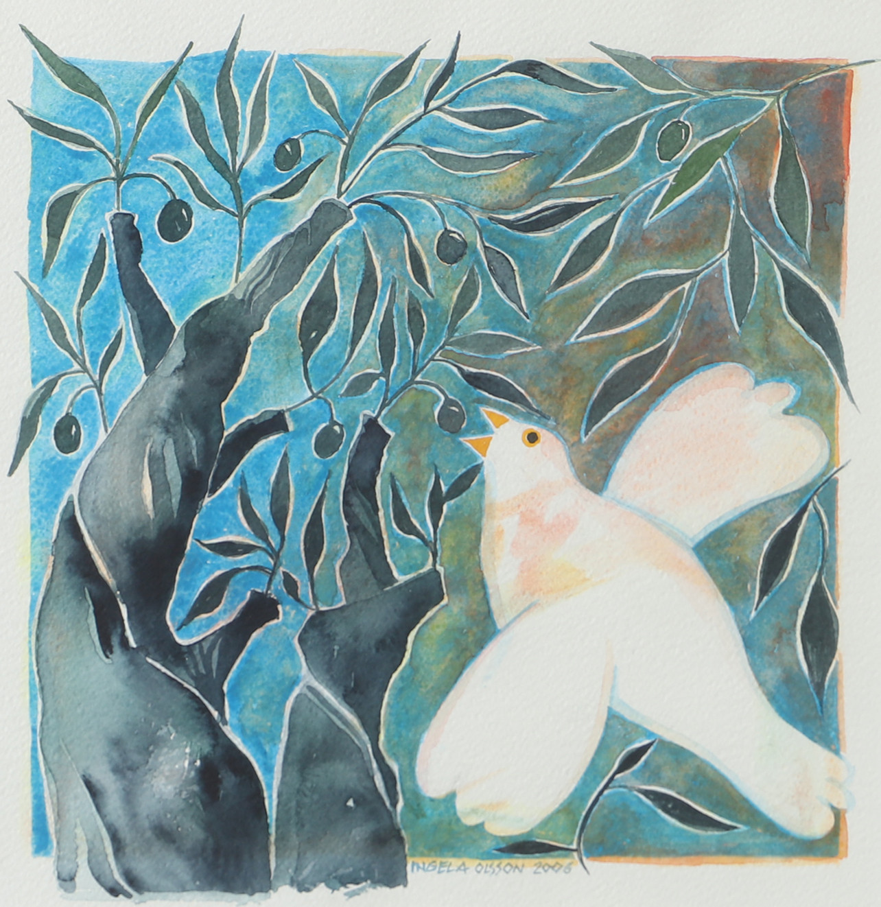 INGELA OLSSON. Fågel och bär, akvarell, signerad 2006.