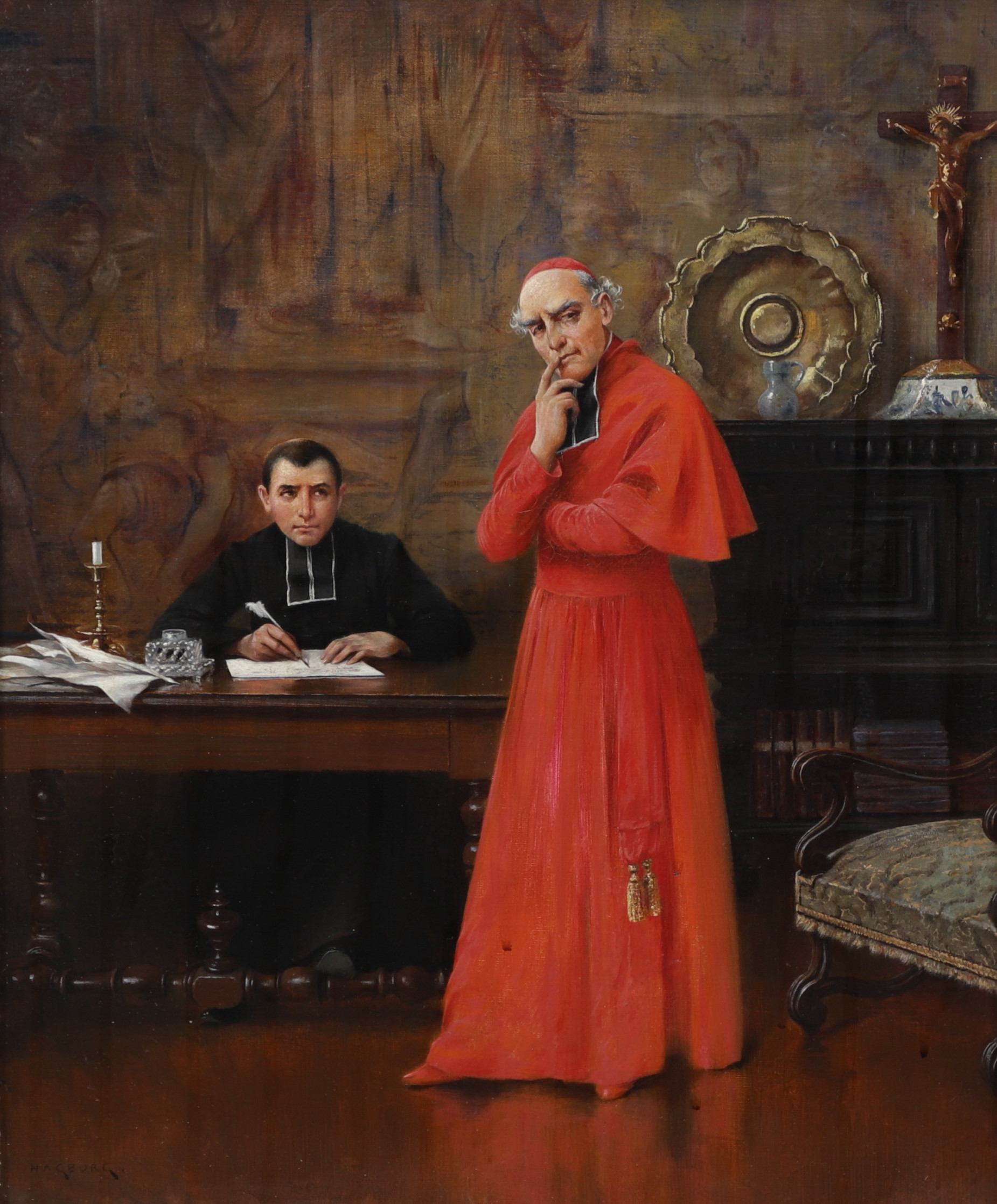 VILHELM NIKOLAUS AUGUST HAGBORG. "Kardinalen dikterar för sin sekreterare", olja på duk, signerad, 1800/1900-tal.