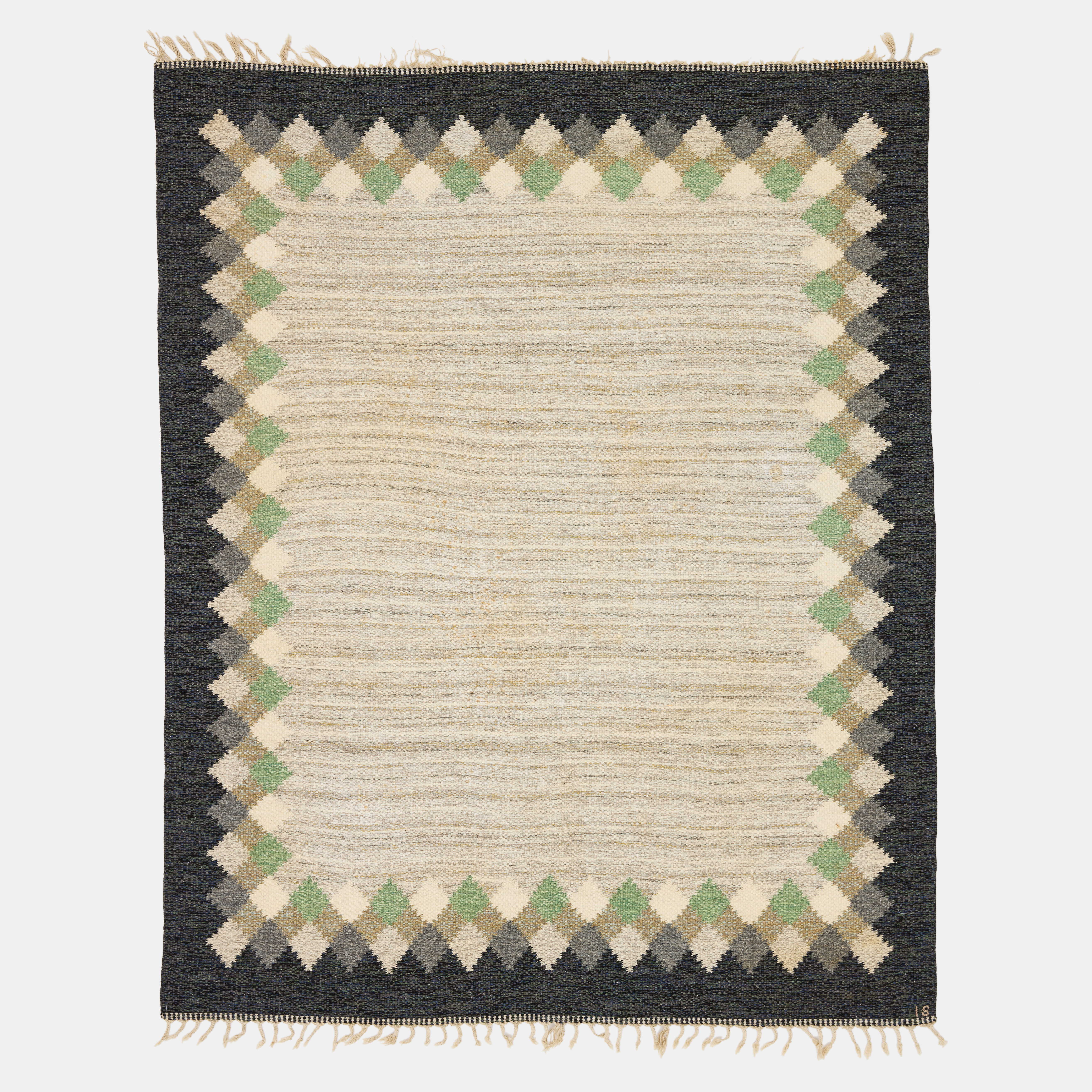 INGERGERD SILOW. Matta, rölakan, geometrisk bård i gått och grönt, 242 x 193 cm.