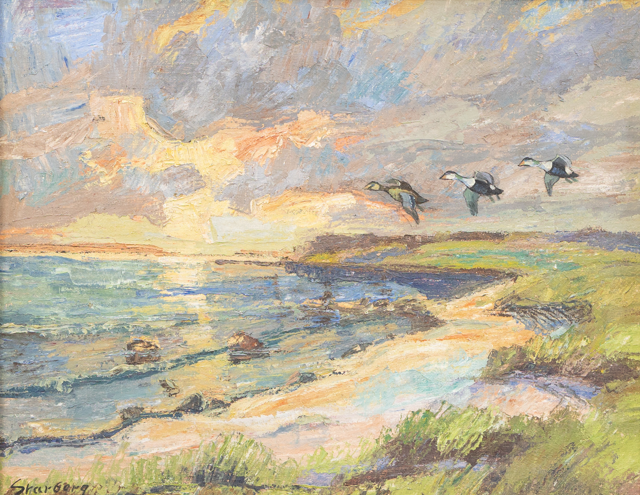 OIDENTIFIERAD KONSTNÄR. Andflykt, olja på duk, signerad Starberg.