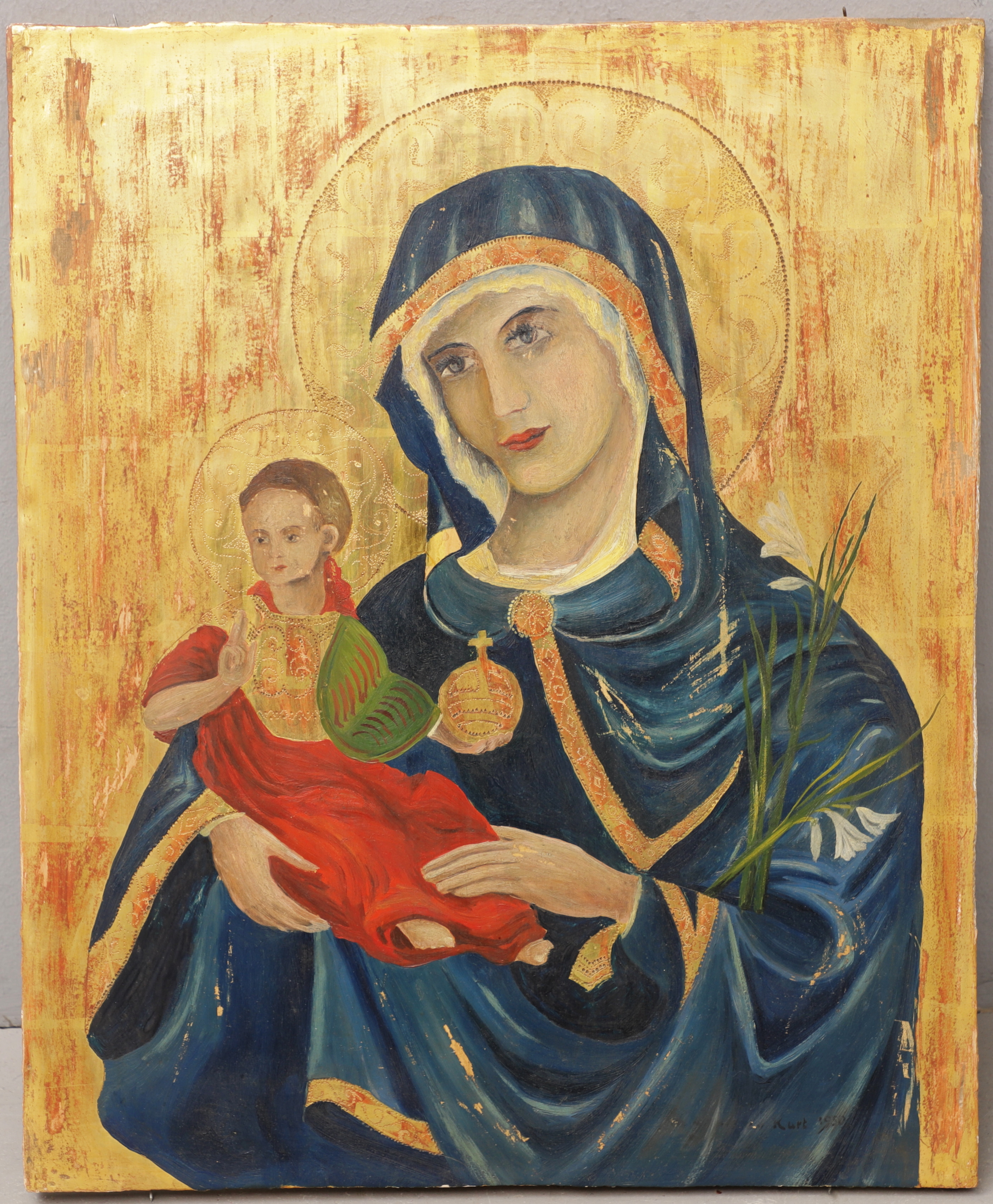 OKÄND KONSTNÄR. Ikon, Maria och Jesusbarnet, målning på pannå, osignerad.