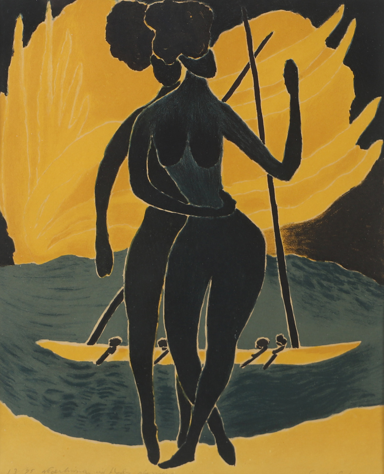 OIDENTIFIERAD KONSTNÄR. Kvinnor vid flod, färglitografi, otydligt signerad.