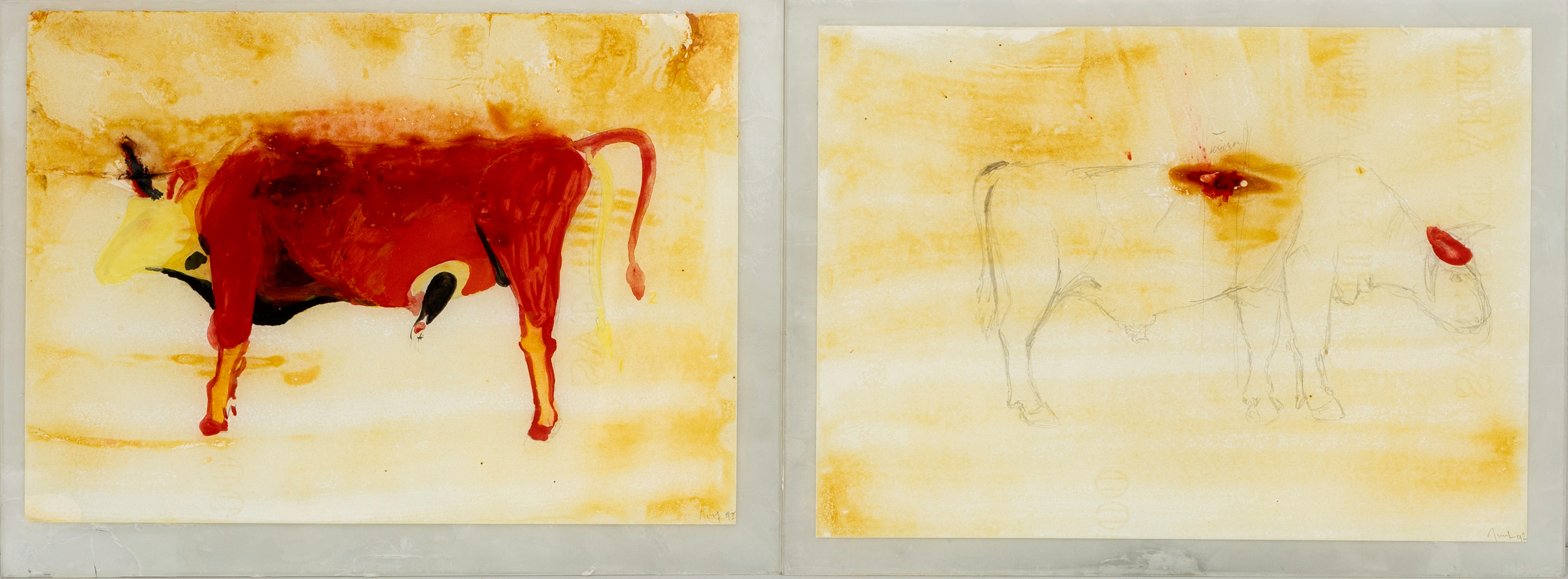 ULF ROLLOF. "Tjur 15 och 17", diptyk, papper, pigment, latex och bivax på glas, signerade Rollof, -92.
