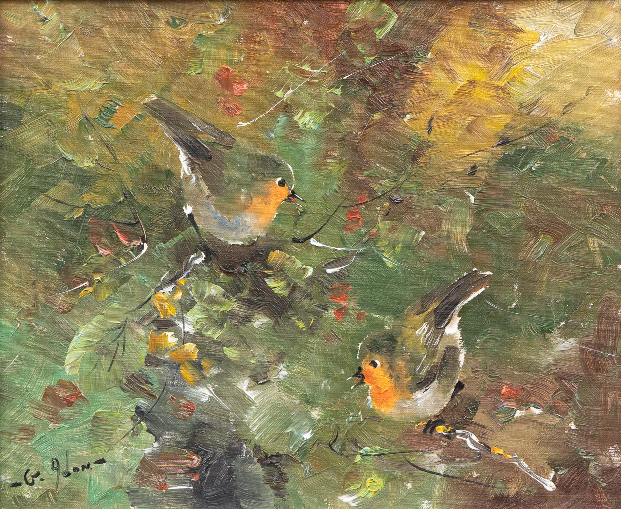 GUSTAV ADON JOHANSSON (1922-1998). Rödhakar, olja på duk, signerad G Adon.