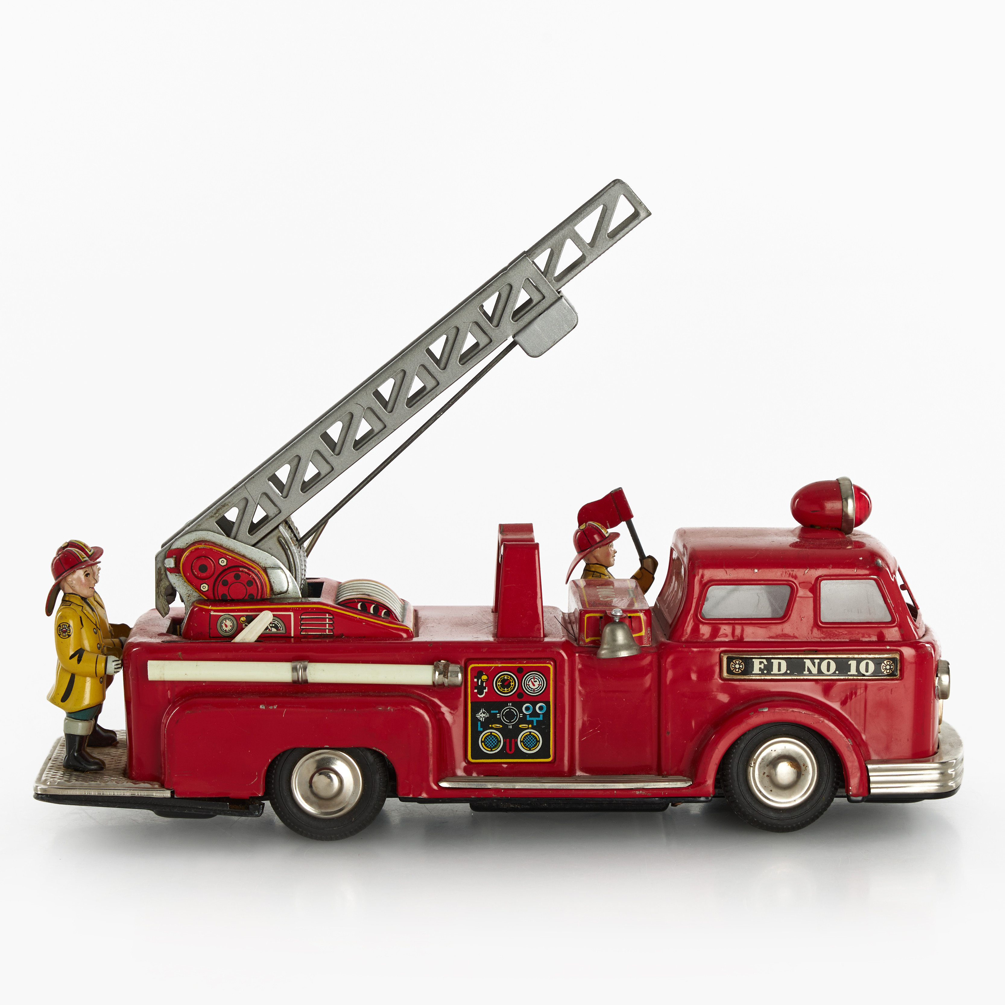 LINEMAR TOYS. Stegbil med tre brandmän, Japan, 1950-tal, litograferad plåt, batteri.