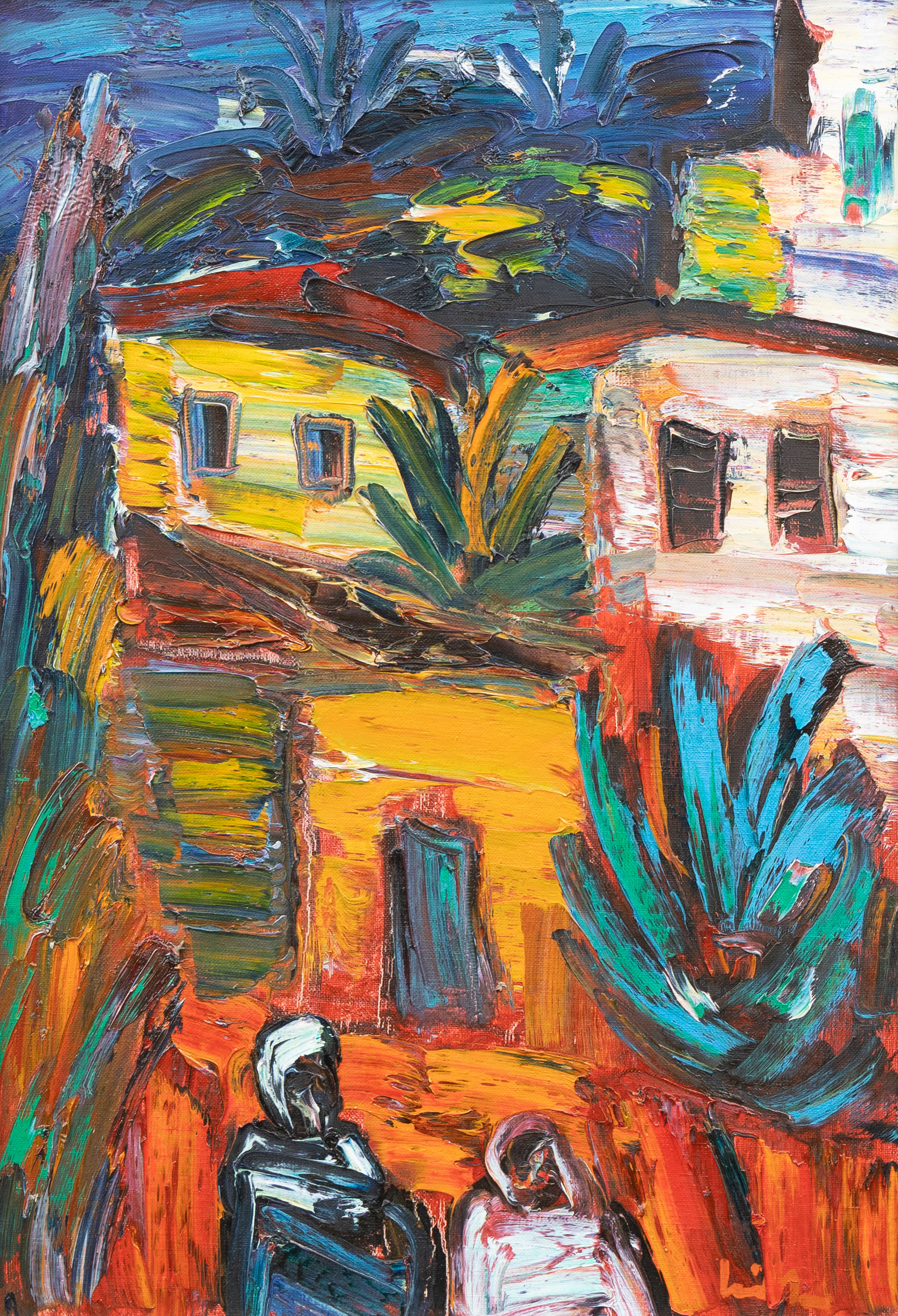 ERIC LO  (1914-2004). Sydländska hus med beduiner, olja på duk, signerad.