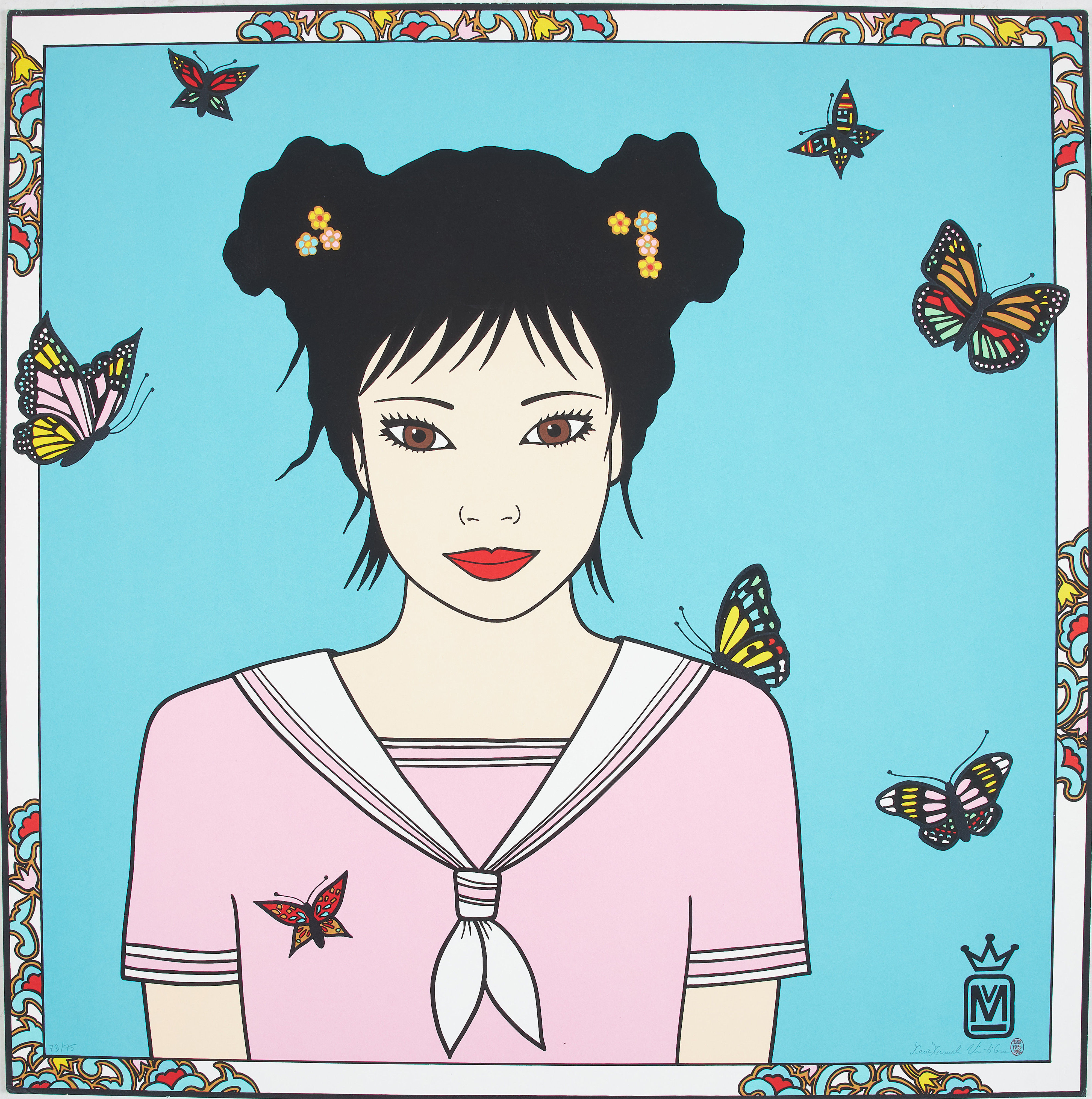 MARIA MANUELA VINTILESCU. Flicka med fjärilar mot blått, färgserigrafi, signerad, numrerad 73/75.