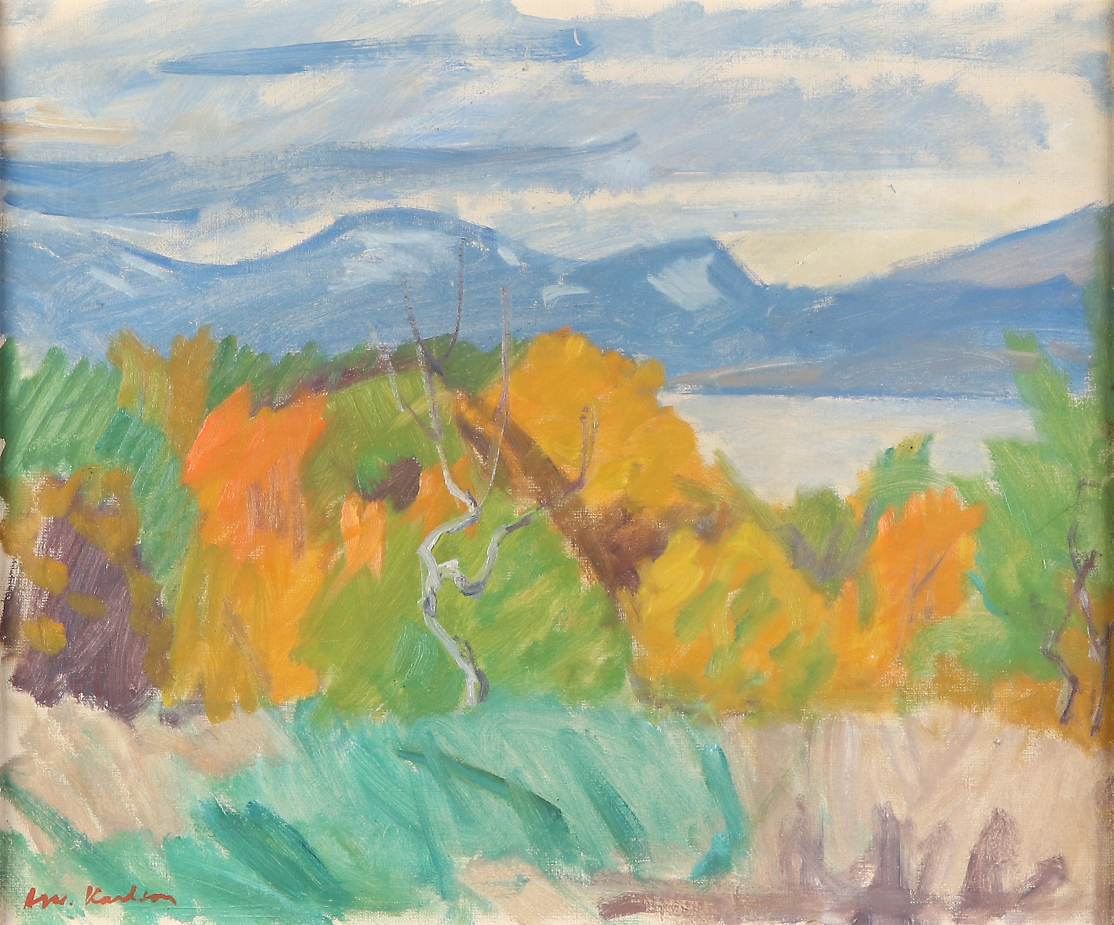 ARVID KARLSON. Oljemålning på duk. "Lappländsk höst". Signerad.