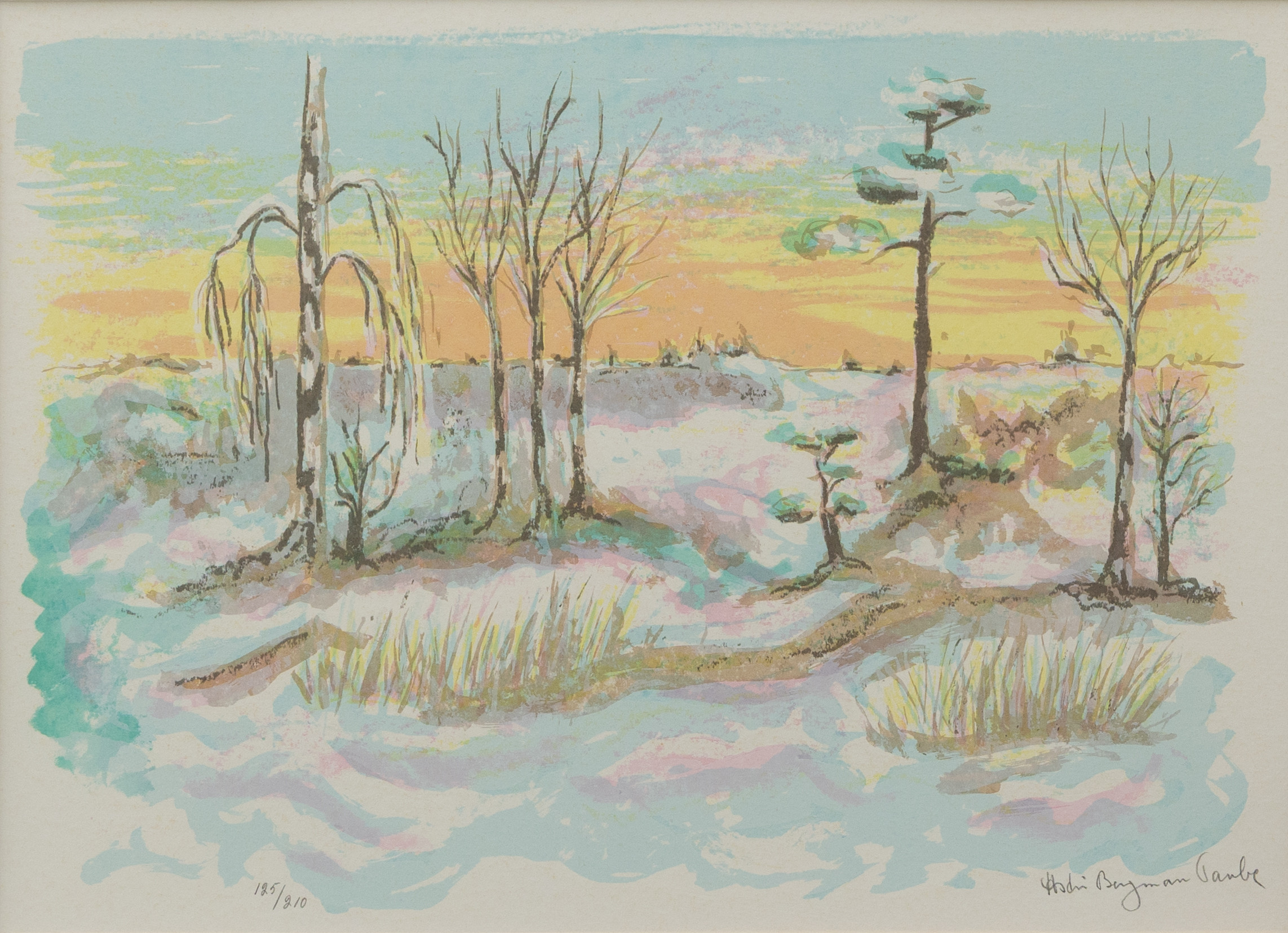 ASTRI BERGMAN-TAUBE. "Vår/vinjter på Sjödsala", litografi nr 125/210, signerad.