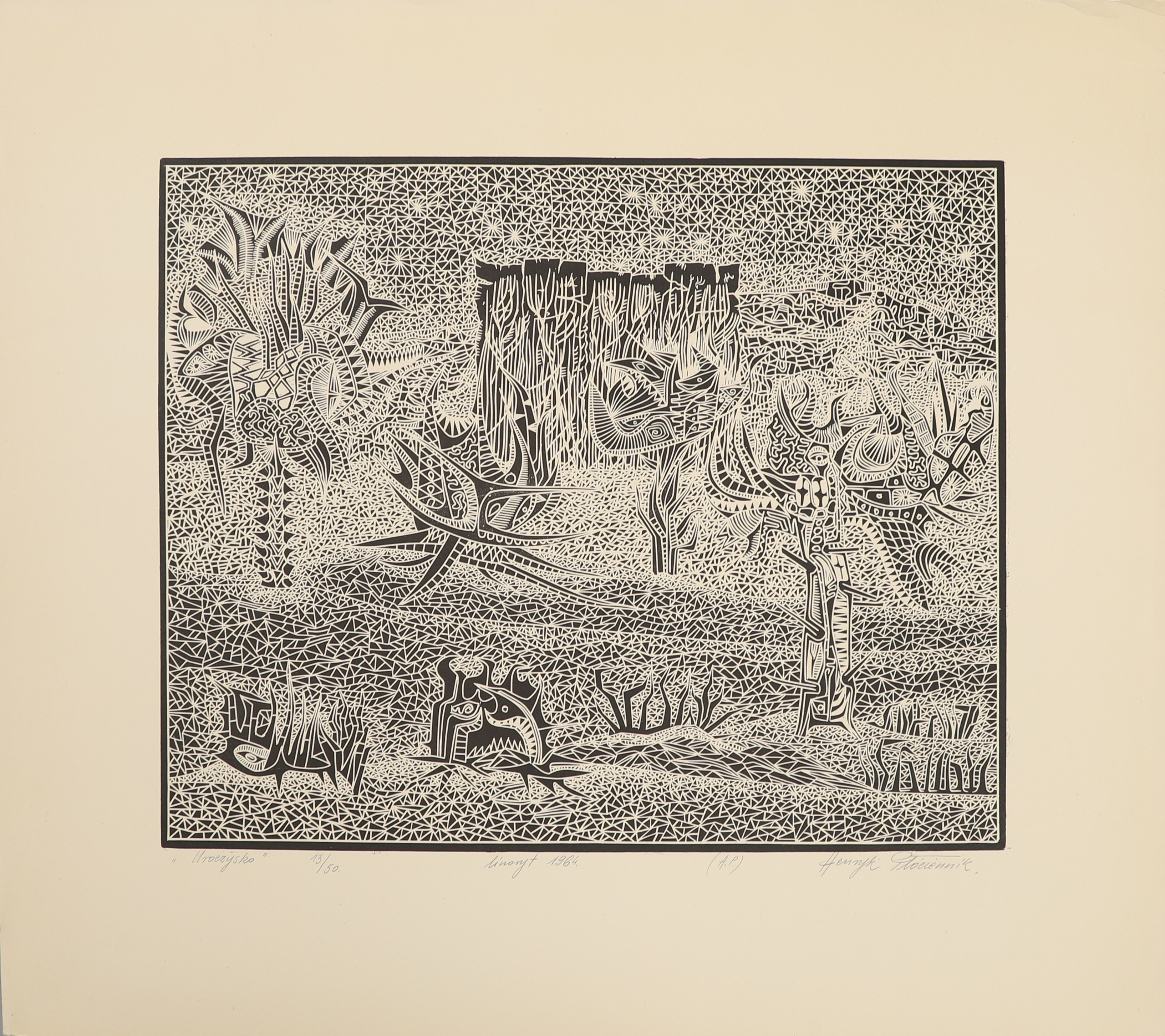 HENRYK PLOCIENNIK (1933-2020). "Uroczysko", linoleumsnitt, signerat, daterat 1964 och numrerat 13/50.