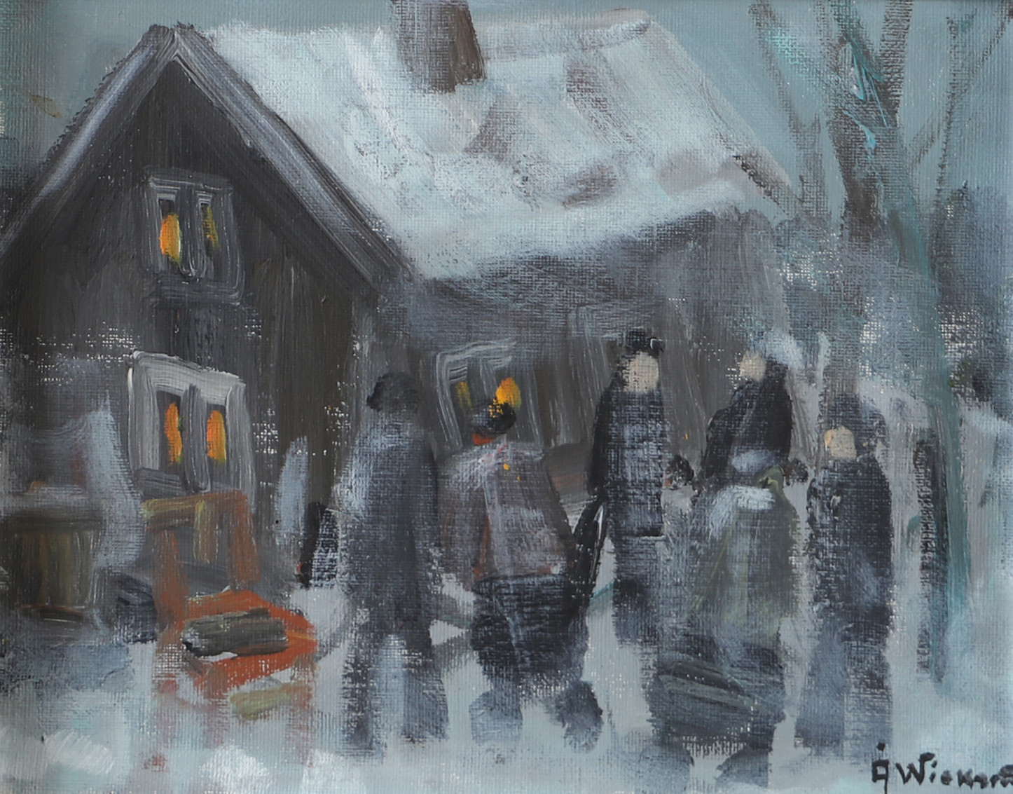 ÅKE WICKSTRÖM. Samling vid stugan, olja på pannå, Signerad Å Wickström.