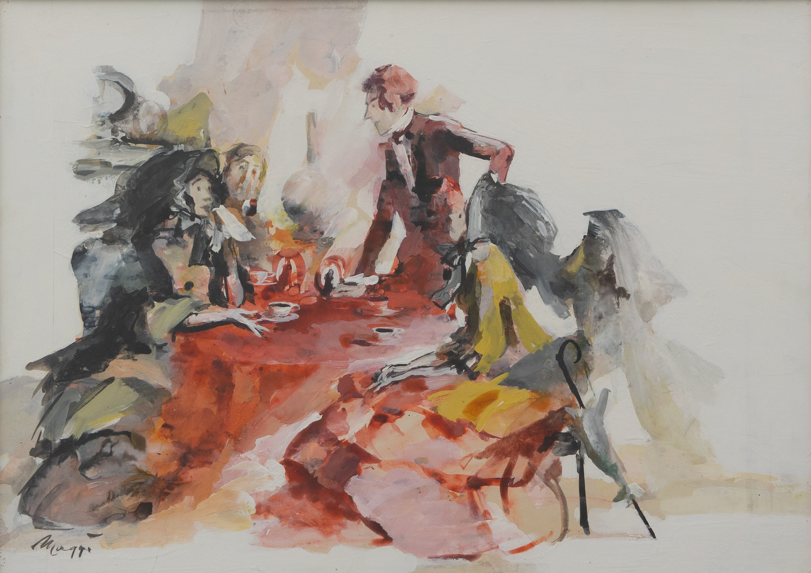 MAGGI BAARING (DANMARK 1913-2004). Vid cafébordet, akvarell, signerad.