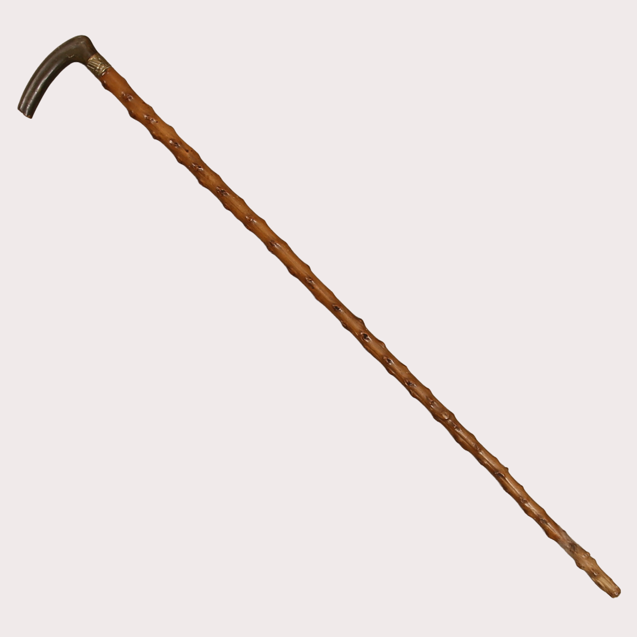 KÄPP, handtag i horn, mispelträ, metallbeslag.