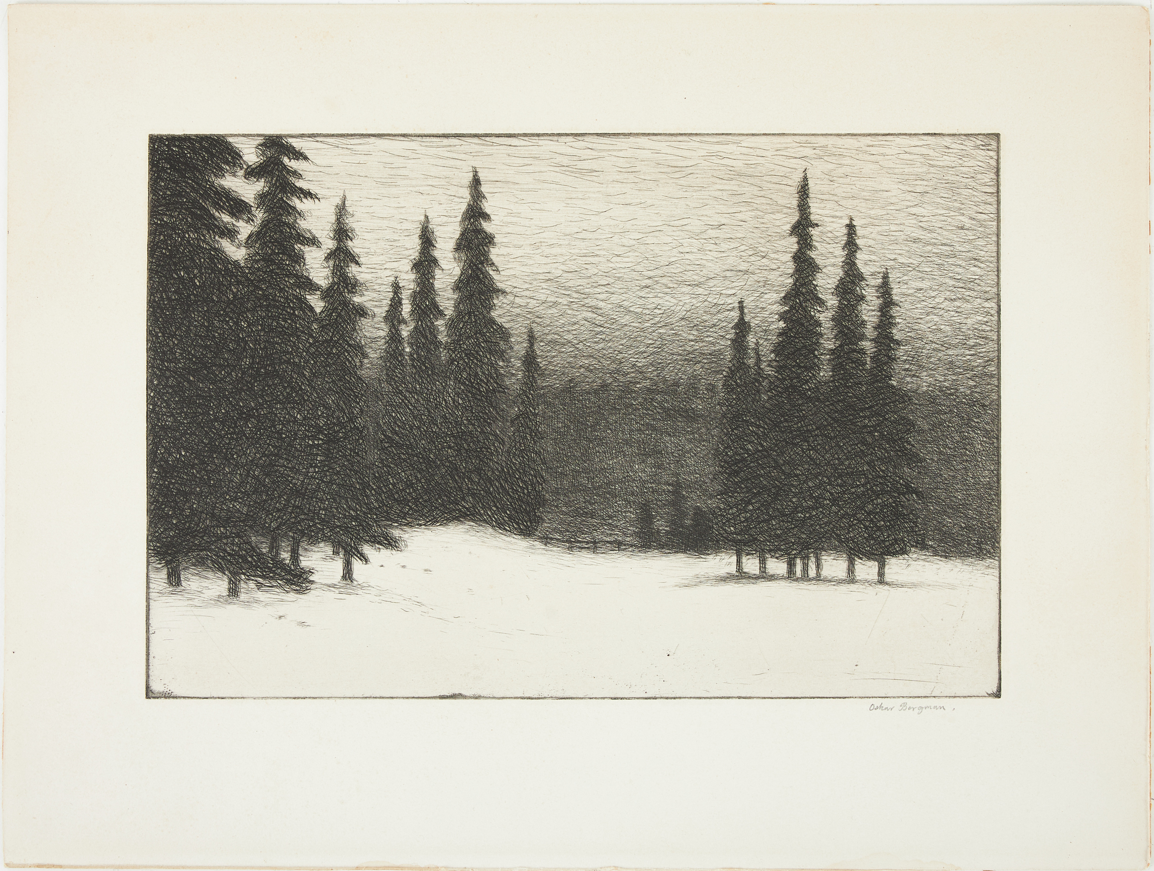 OSKAR BERGMAN. ”Skogskanten” (Vinterlandskap med granar).