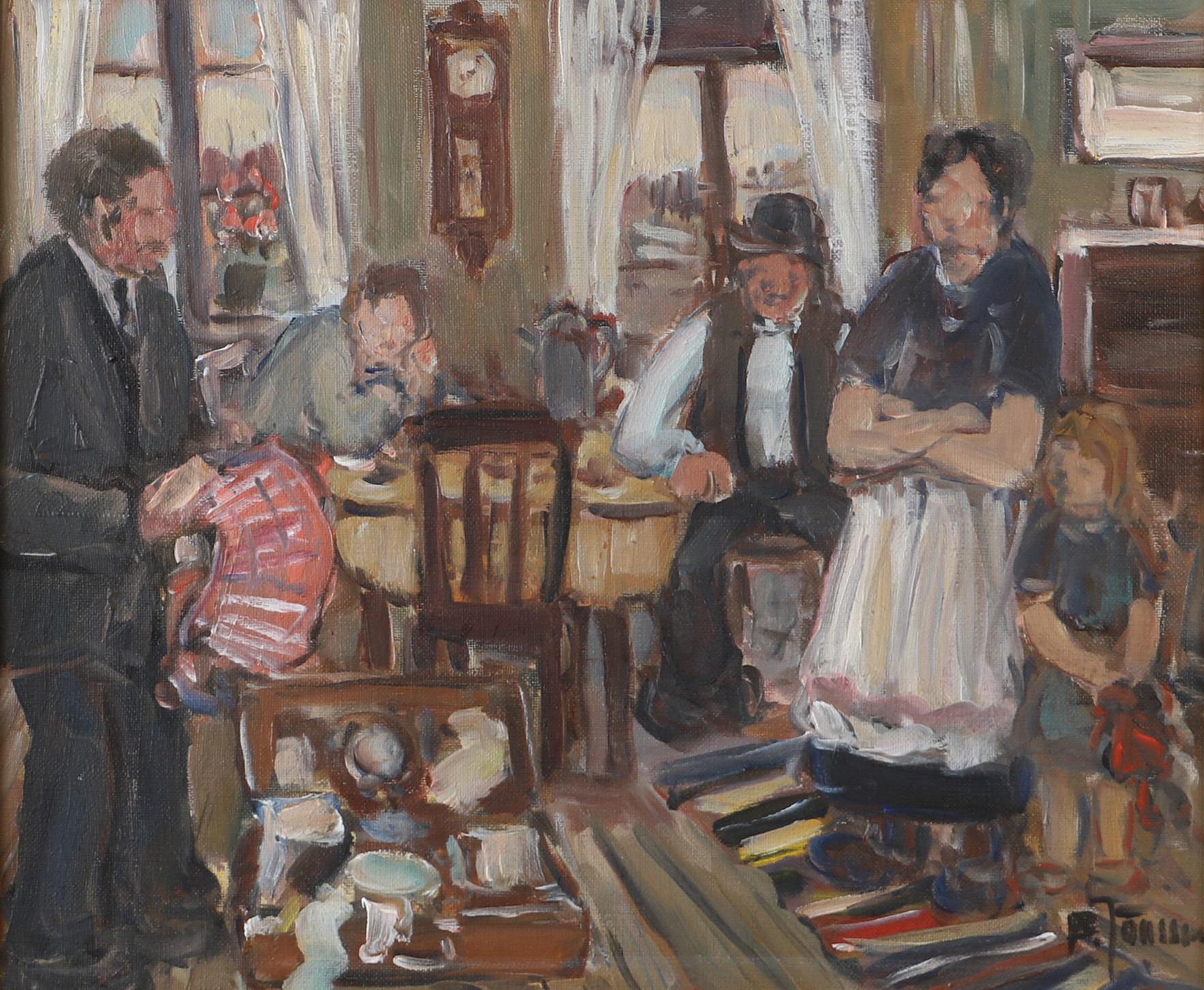 BROR JÖNSSON. Försäljare på besök, olja på duk, signerad B Jönsson.