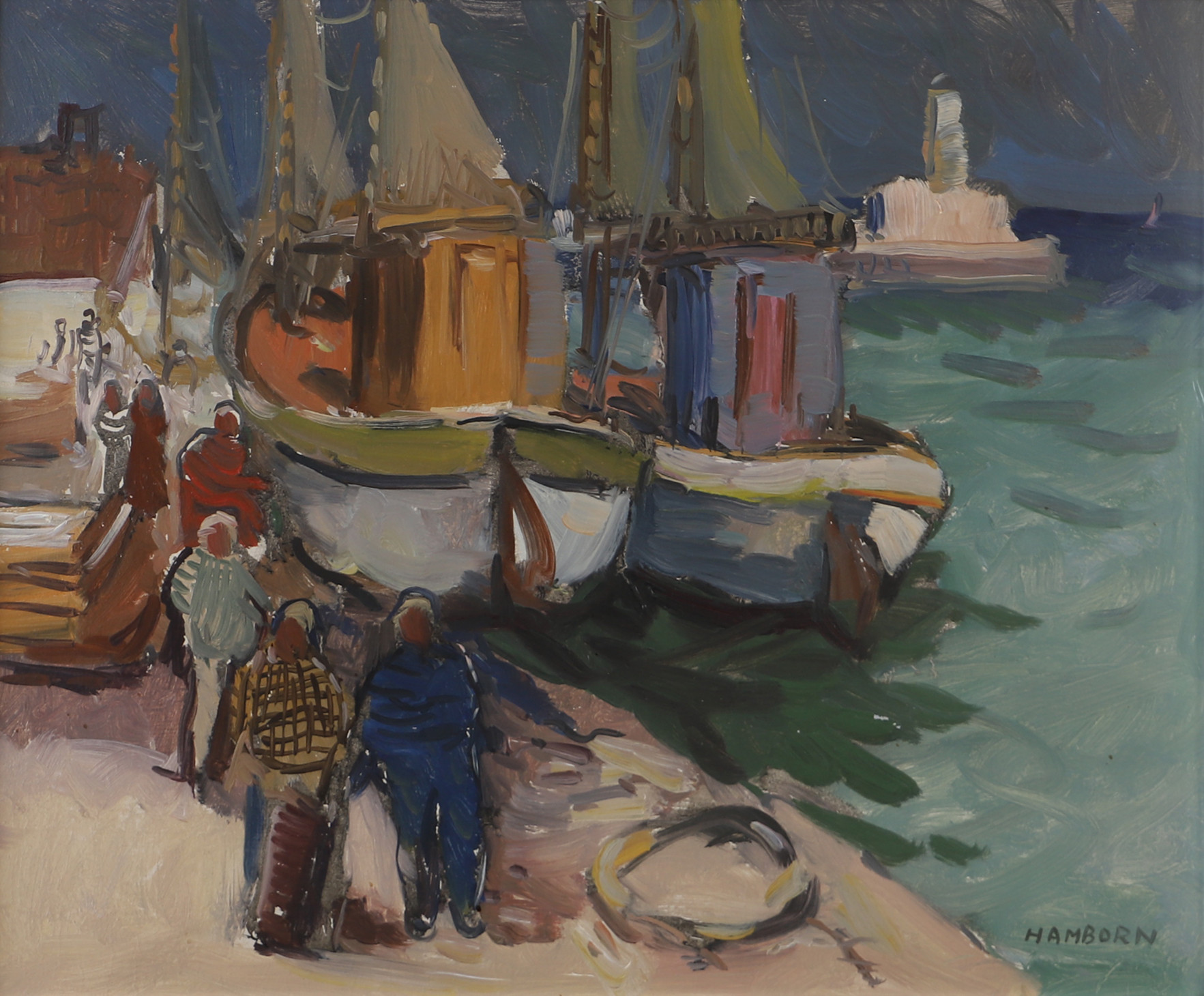 AXEL HAMBORN. Fiskebåtar vid kaj, olja på pannå, signerad Hamborn.