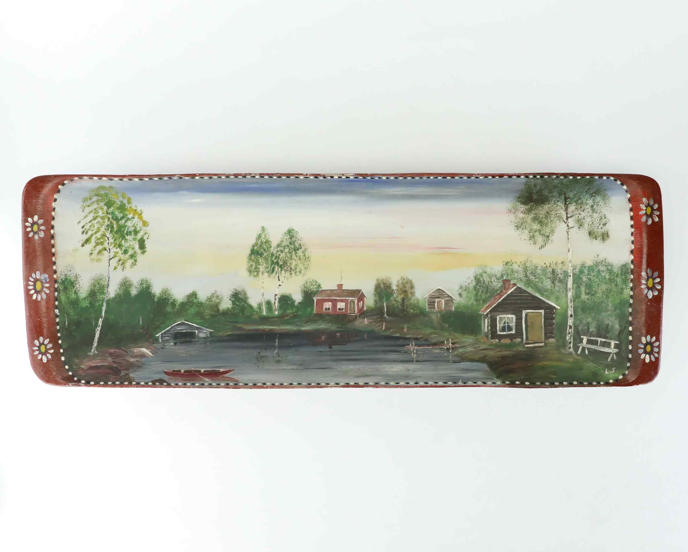 LARS "BLÄST LARS"  SKOGLUND. Fäbodvall, målning i trätråg, Hälsingland, signatursignerat, 1900-talets mitt.