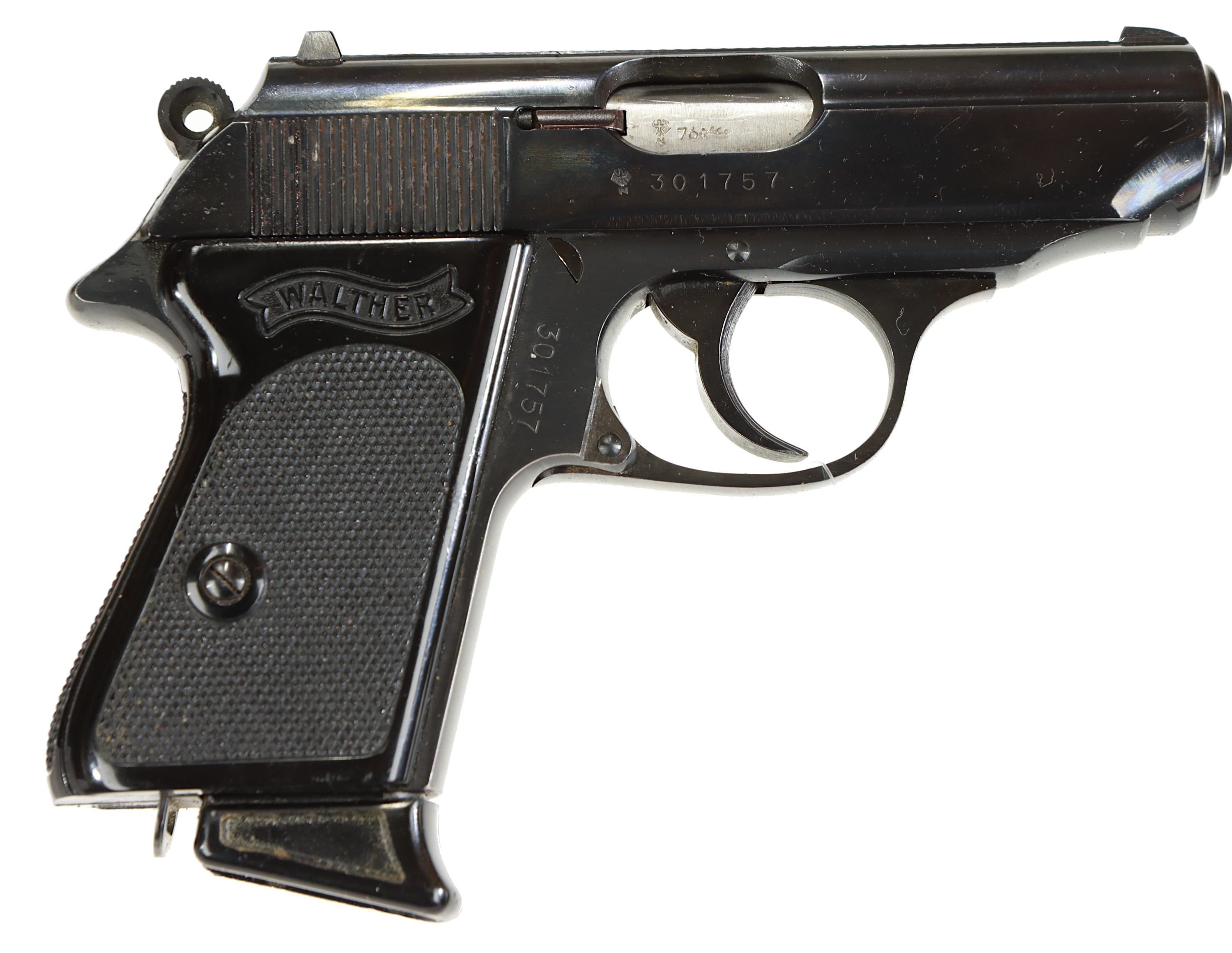 PISTOL, fabrikat Walther Ulm, modell PPK, kaliber 7,65mm, tillv.nr 301757.