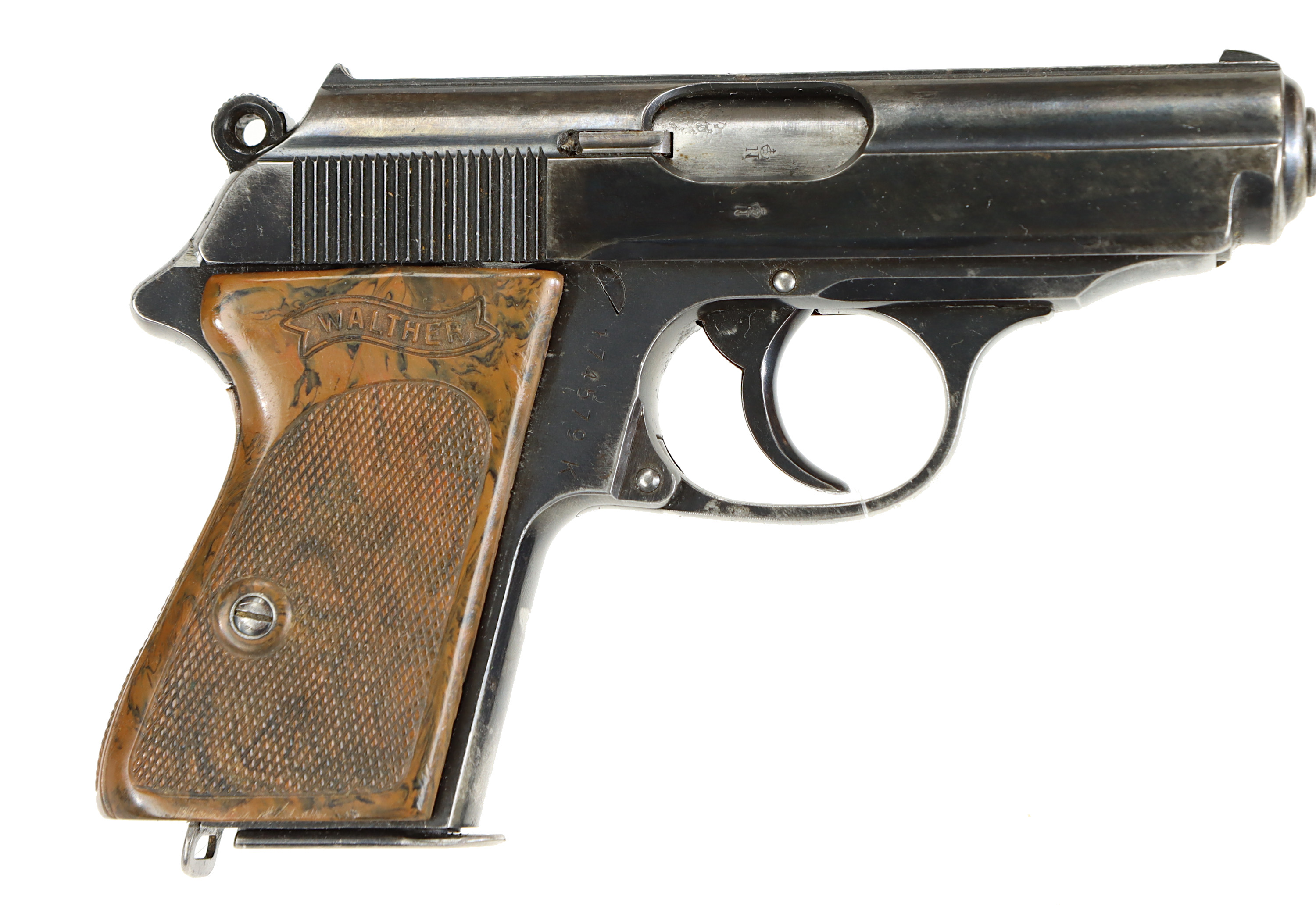 PISTOL, fabrikat Walther Zella Mehlis, modell PPK, kaliber 7,65mm, tillv.nr 174579K.