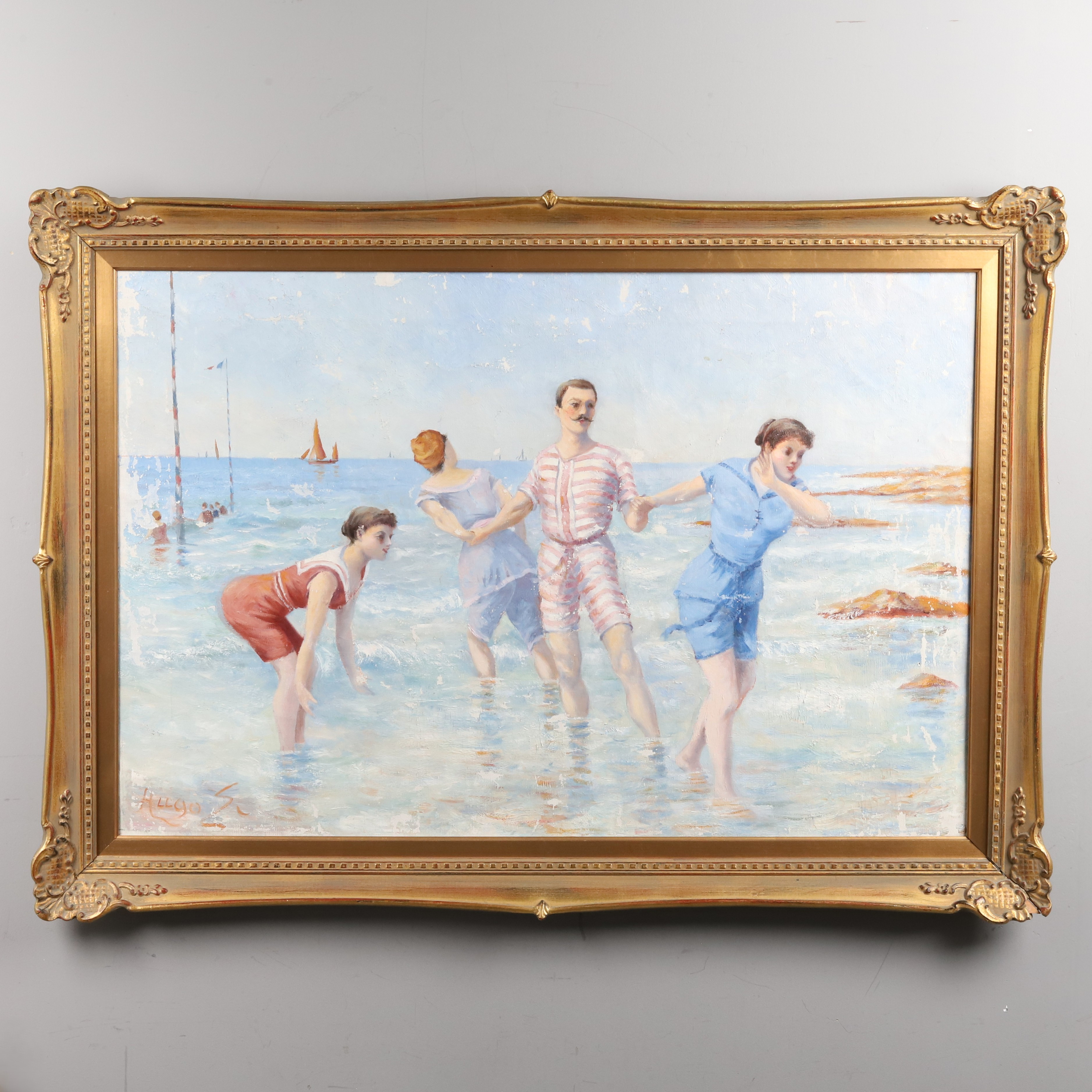 OKÄND KONSTNÄR, OLJA PÅ DUK "Dragkamp på strand".