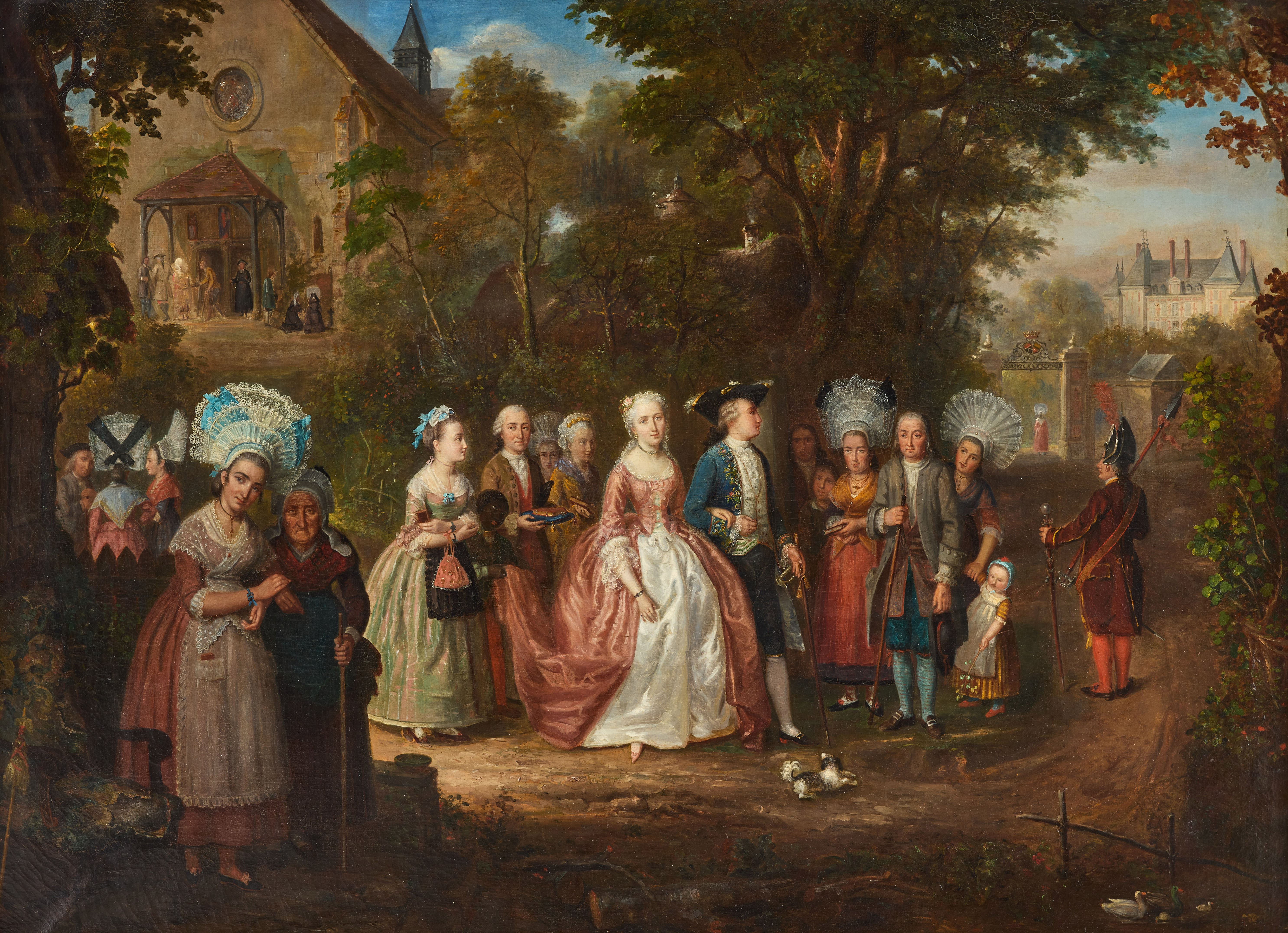 HENRI VALTON (TROYES 1798-1878 TERRENOIRE). Attributed to. A wedding scene by the Château de Barberey-Saint-Sulpice in the Aube region of Champagne.