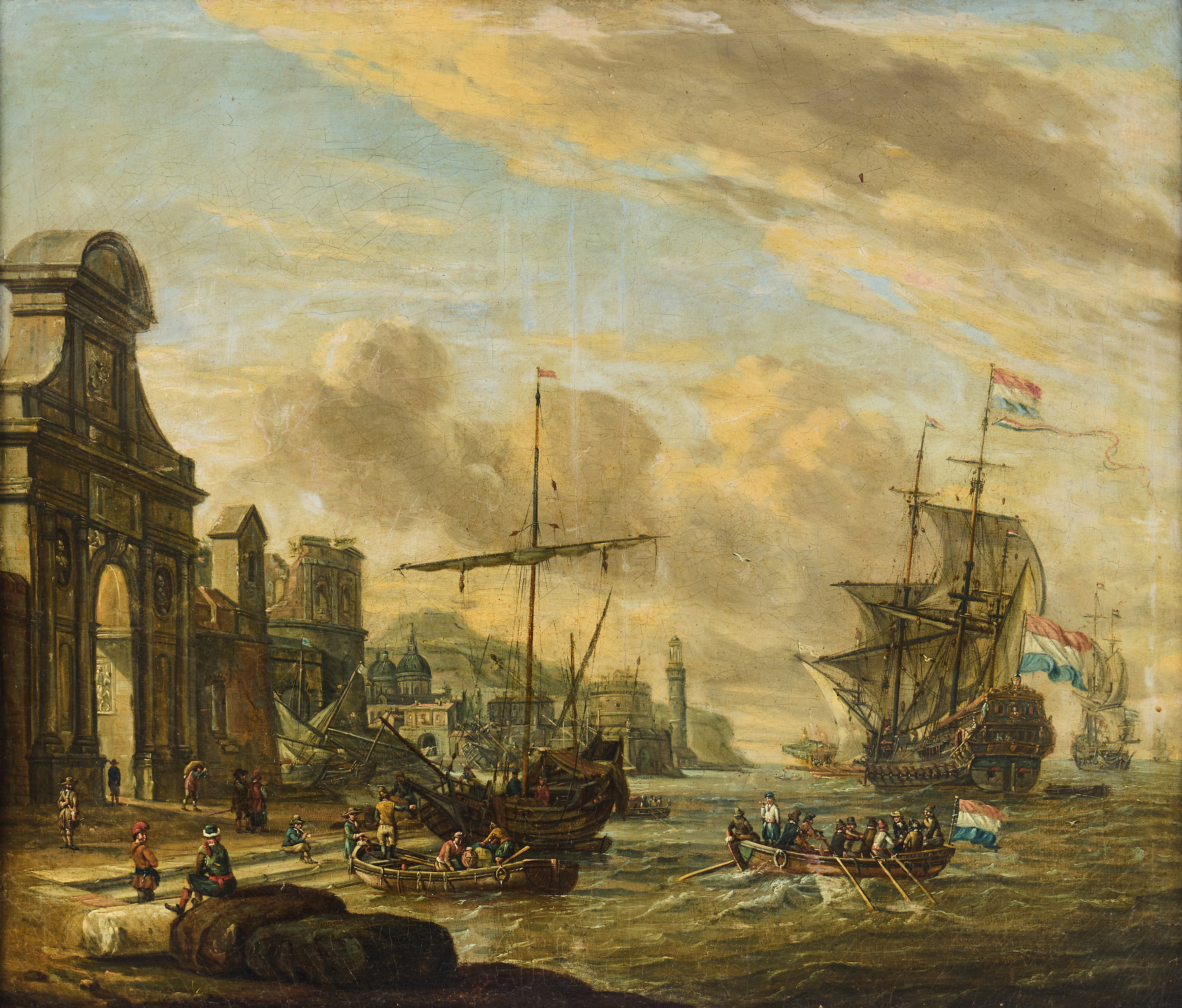 FLEMISH SCHOOL, 17TH CENTURY. Follower of Abraham Storck. Mediterranean harbour by a fortified city with an archway.