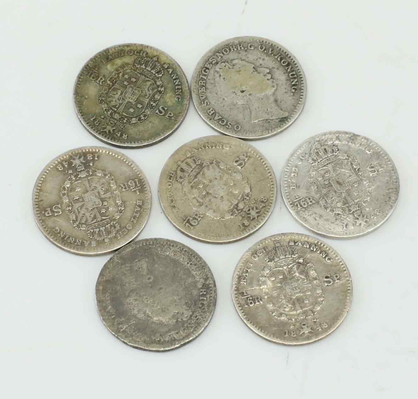 SILVERMYNT, 7 st, 1/16 Riksdaler Specie, Oscar I, Sverige, 1848.