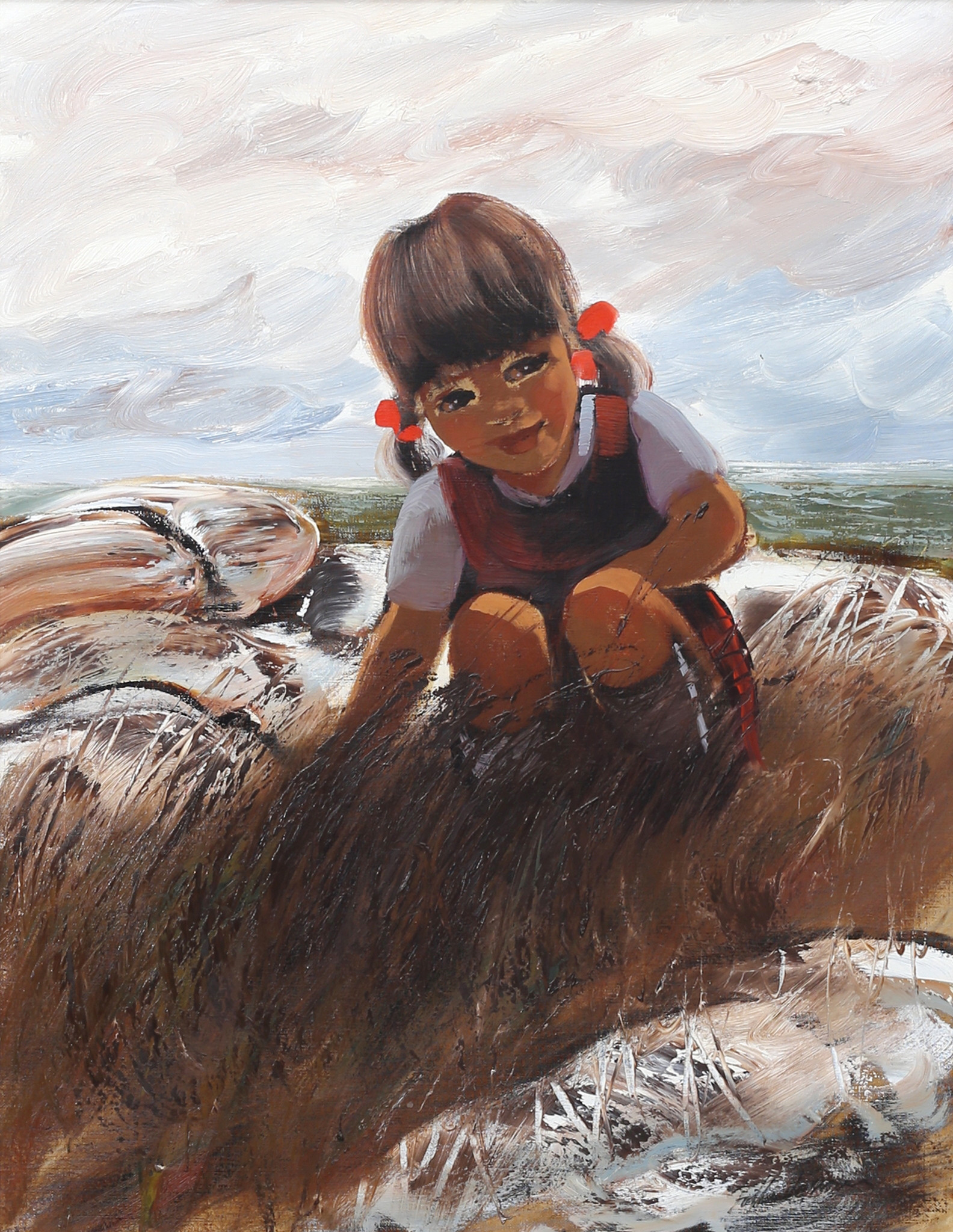 OIDENTIFIERAD KONSTNÄR. Flicka vid kusten. Olja på duk, otydligt signerad.
