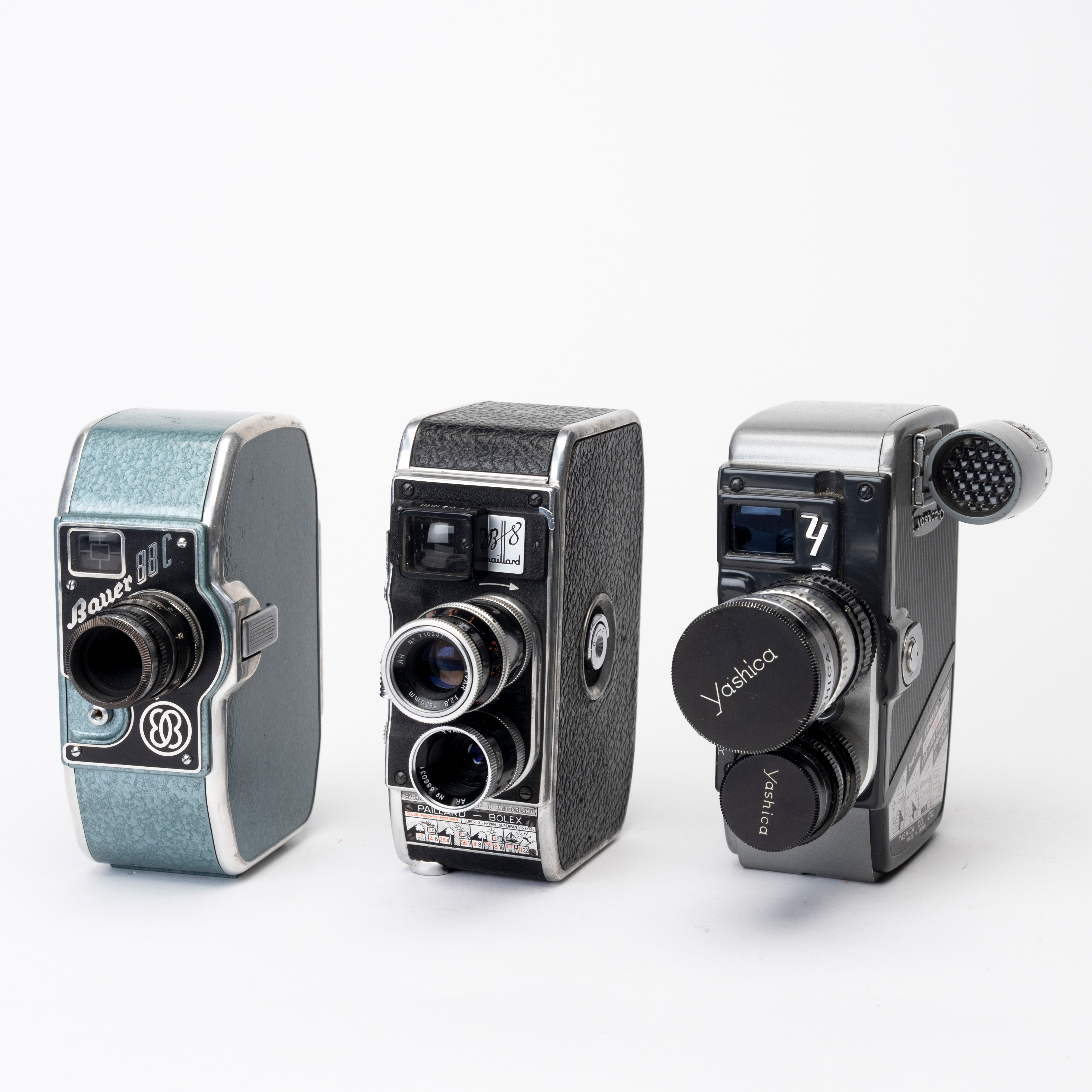 FILMKAMEROR, 3 st, Bauer 88C, Stuttgart, Yashica-8, Japan samt Paillard-Bolex B8, Schweiz, 1950/6-tal.
