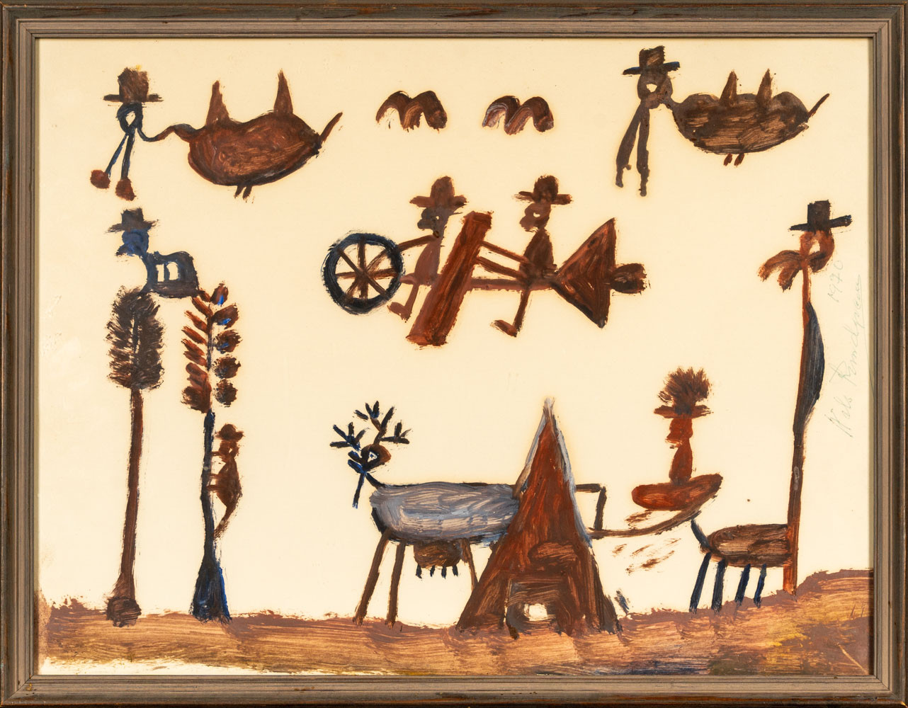 NILS "BJÖRNJÄGAREN" LUNDGREN. Olja på papper, Figurscen, Signerad & Daterad 1970.