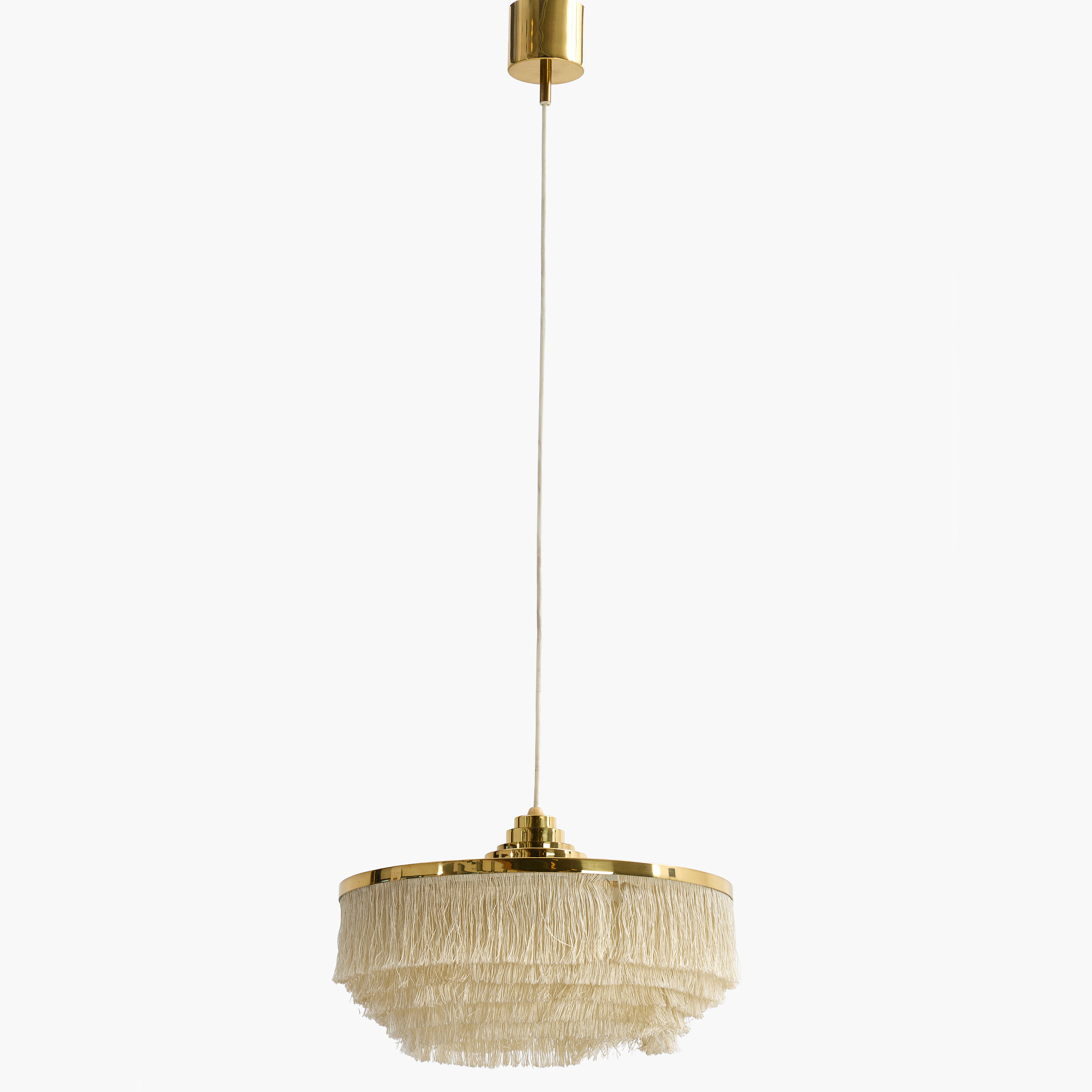 HANS-AGNE JAKOBSSON (1919–2009). Taklampa, mässing, textilfrans, Markaryd, 1960-tal.