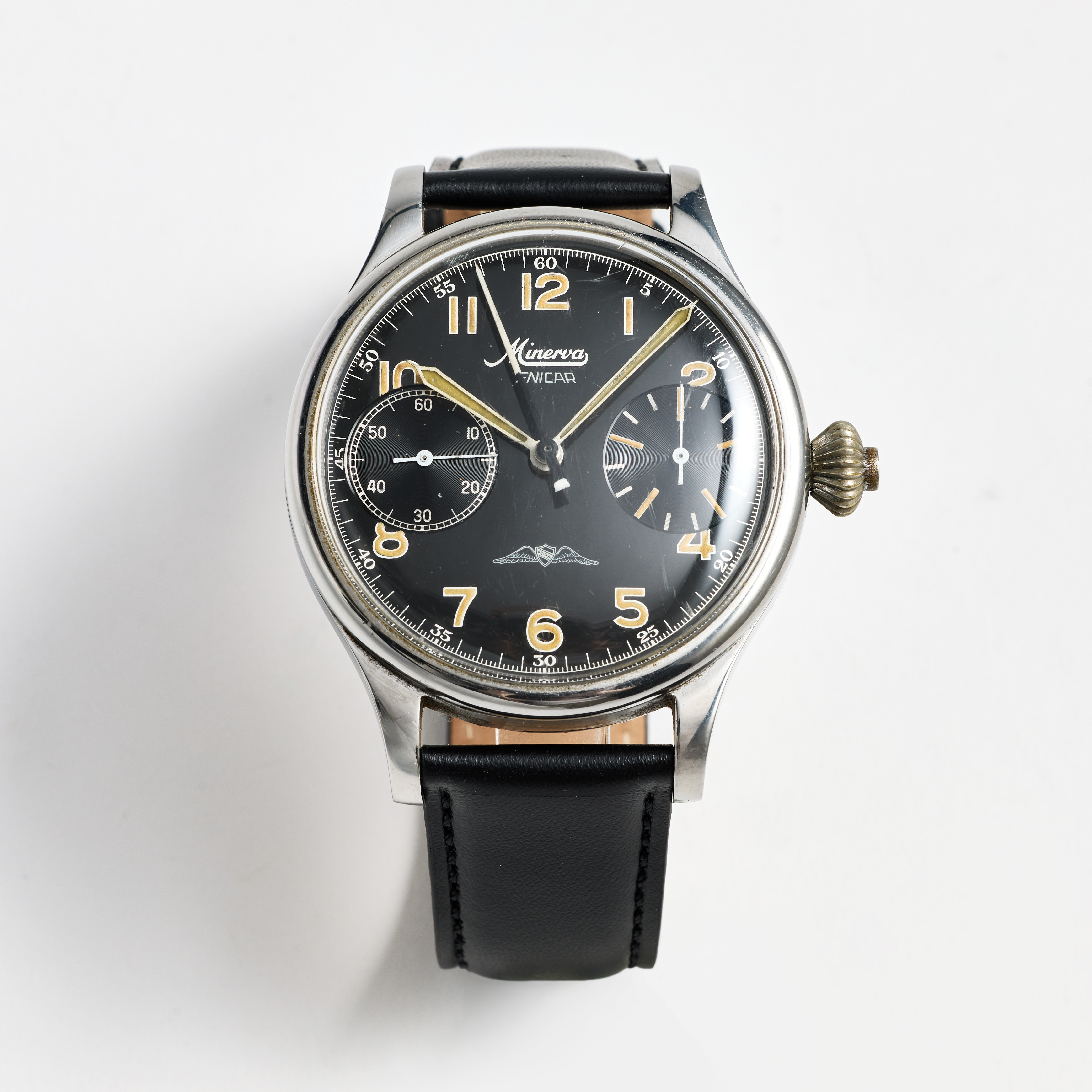 MINERVA, Enicar, “AOPA”, enknappskronograf, armbandsur, 46 mm, stål, ca 1955.