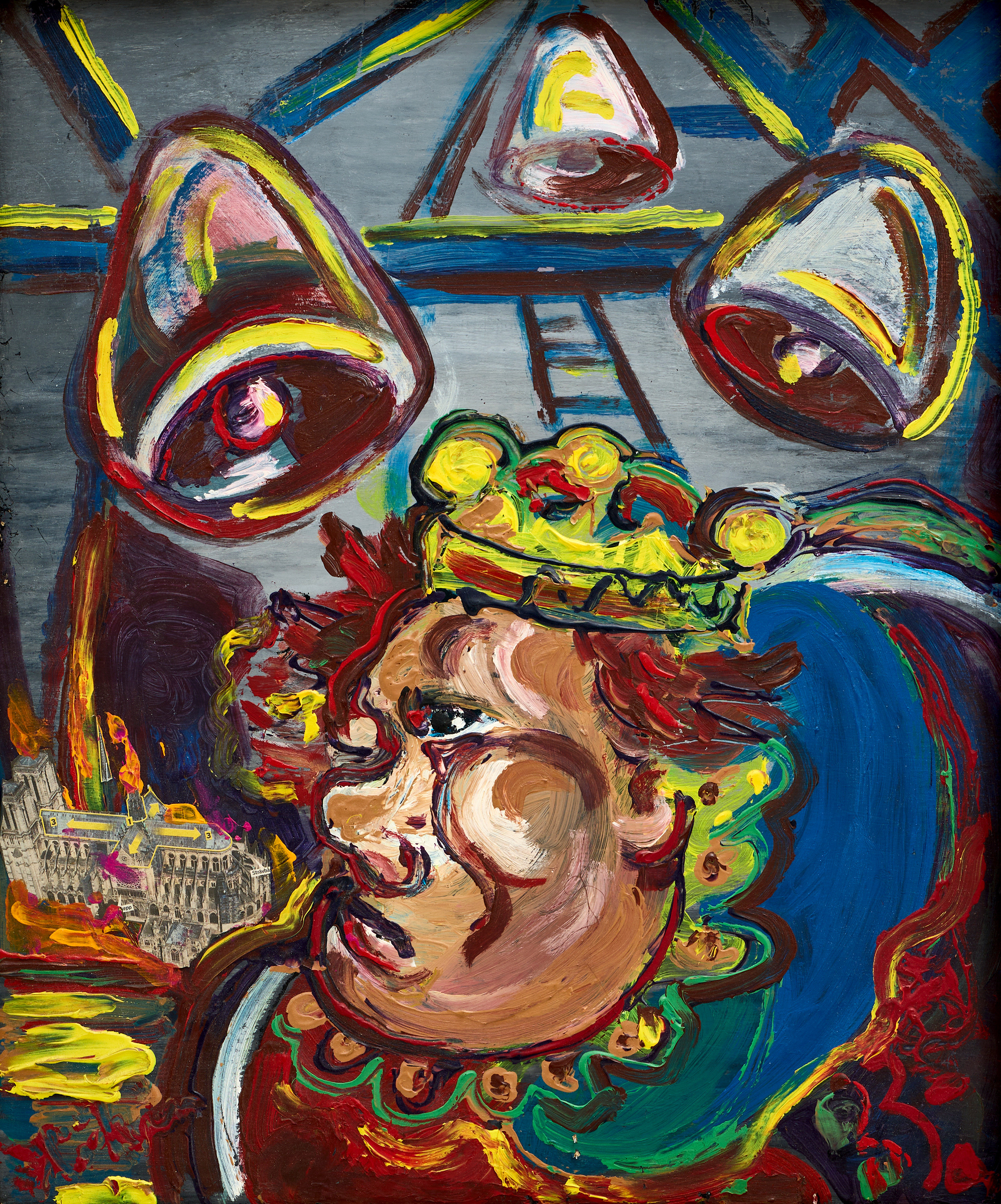 SVEN-ARNE "HÖKEN" HÖKENSTRÖM (Stockholm, 1947-2025). Porträttkomposition i kungskrona, signerad Höken, blandteknik på pannå.