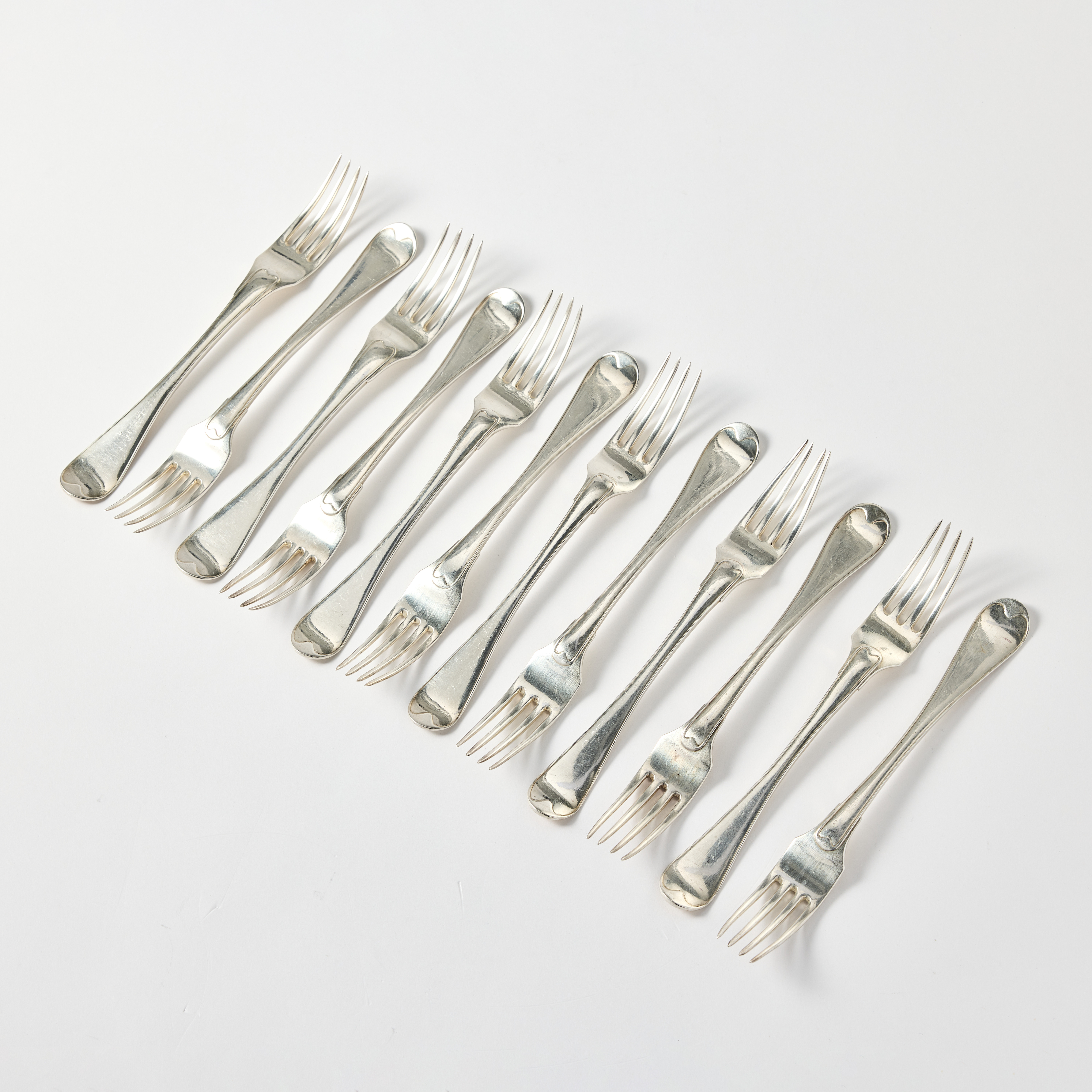 JOHAN WILHELM ZIMMERMAN. Matgafflar, 12 st., silver, modell svensk rund, Stockholm 1801.