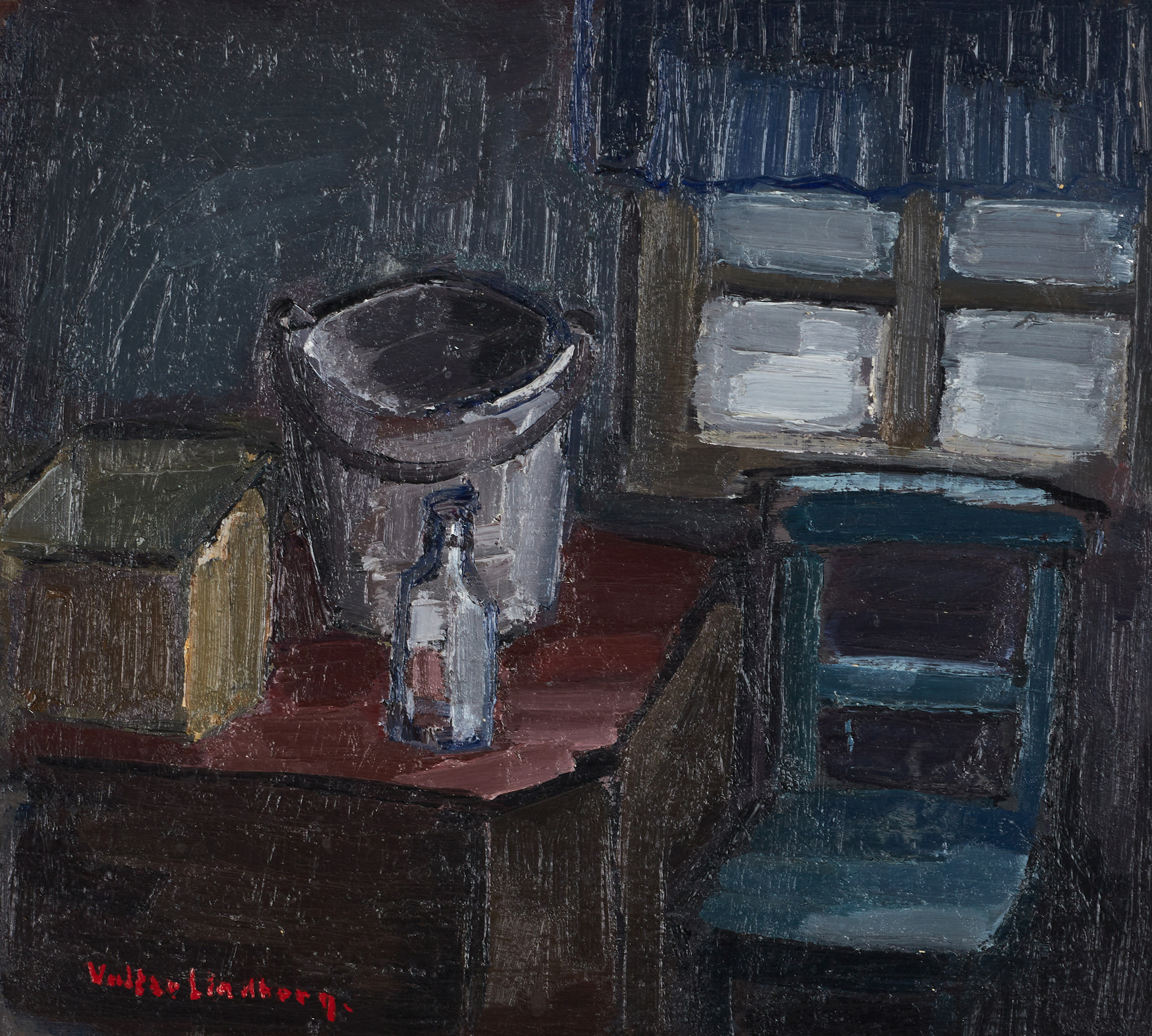 VALTER LINDBERG. "Gammalt kök", signerad, daterad -57 a tergo, olja på pannå.