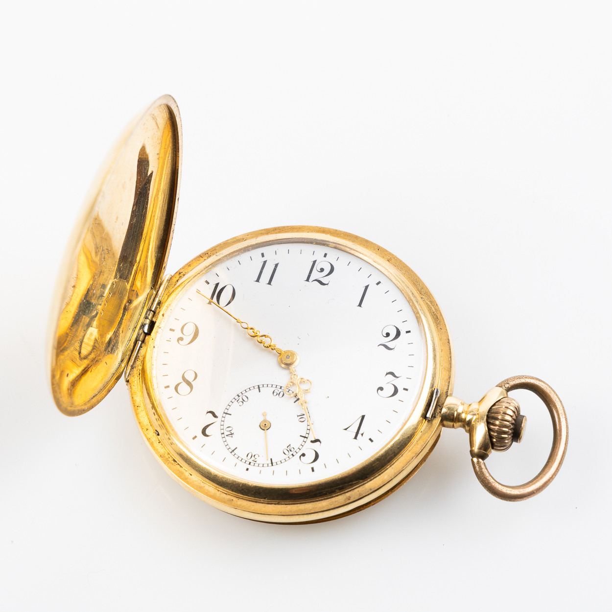 FICKUR, 18 K guld, Emaljerad urtavla med subsekund, Graverad boett med monogram ES.