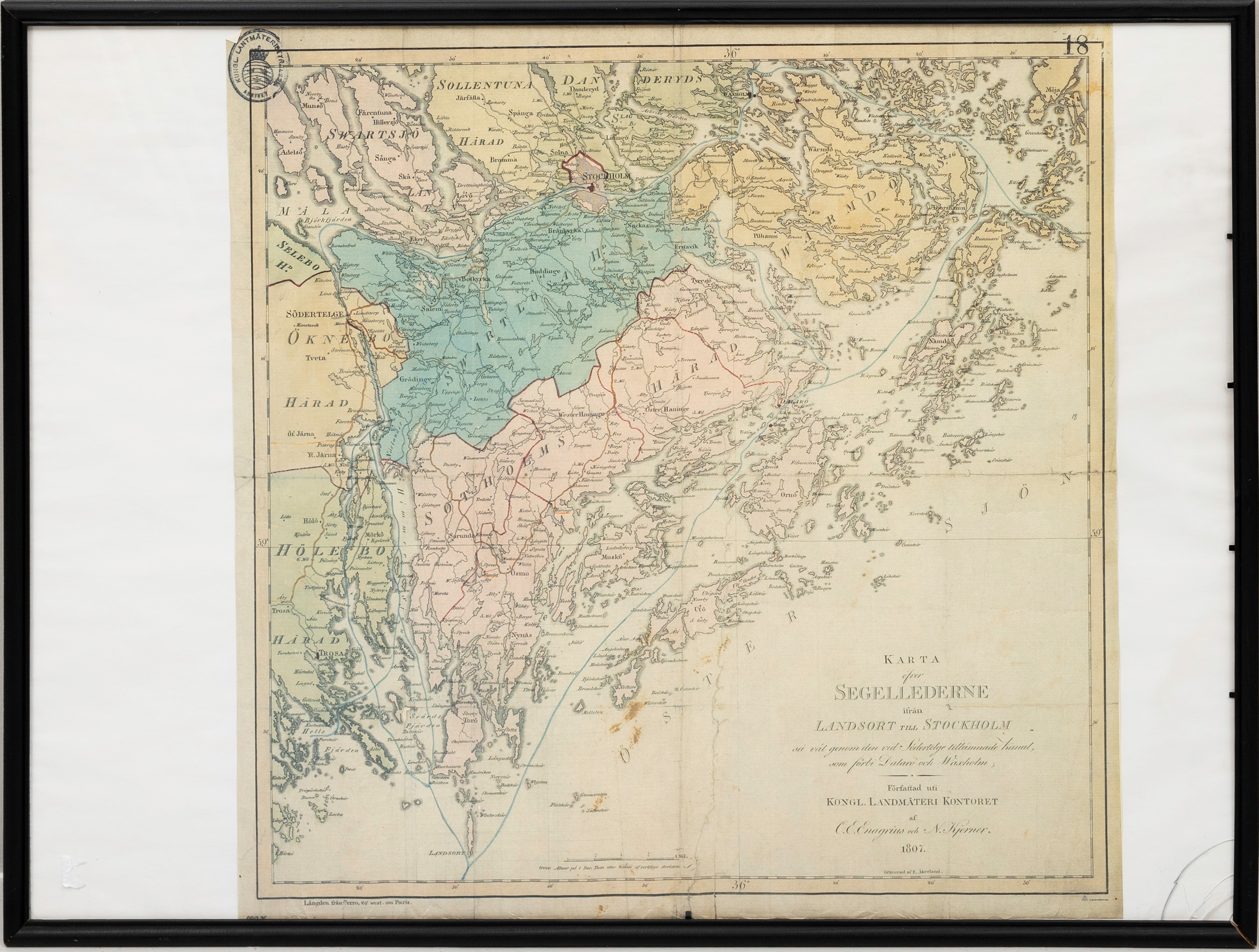 KARTA, "Segellederne ifrån Landsort till Stockholm", Kongl. Lantmäteri Kontoret af O.E Enagrius och N.Kjerner 1807.