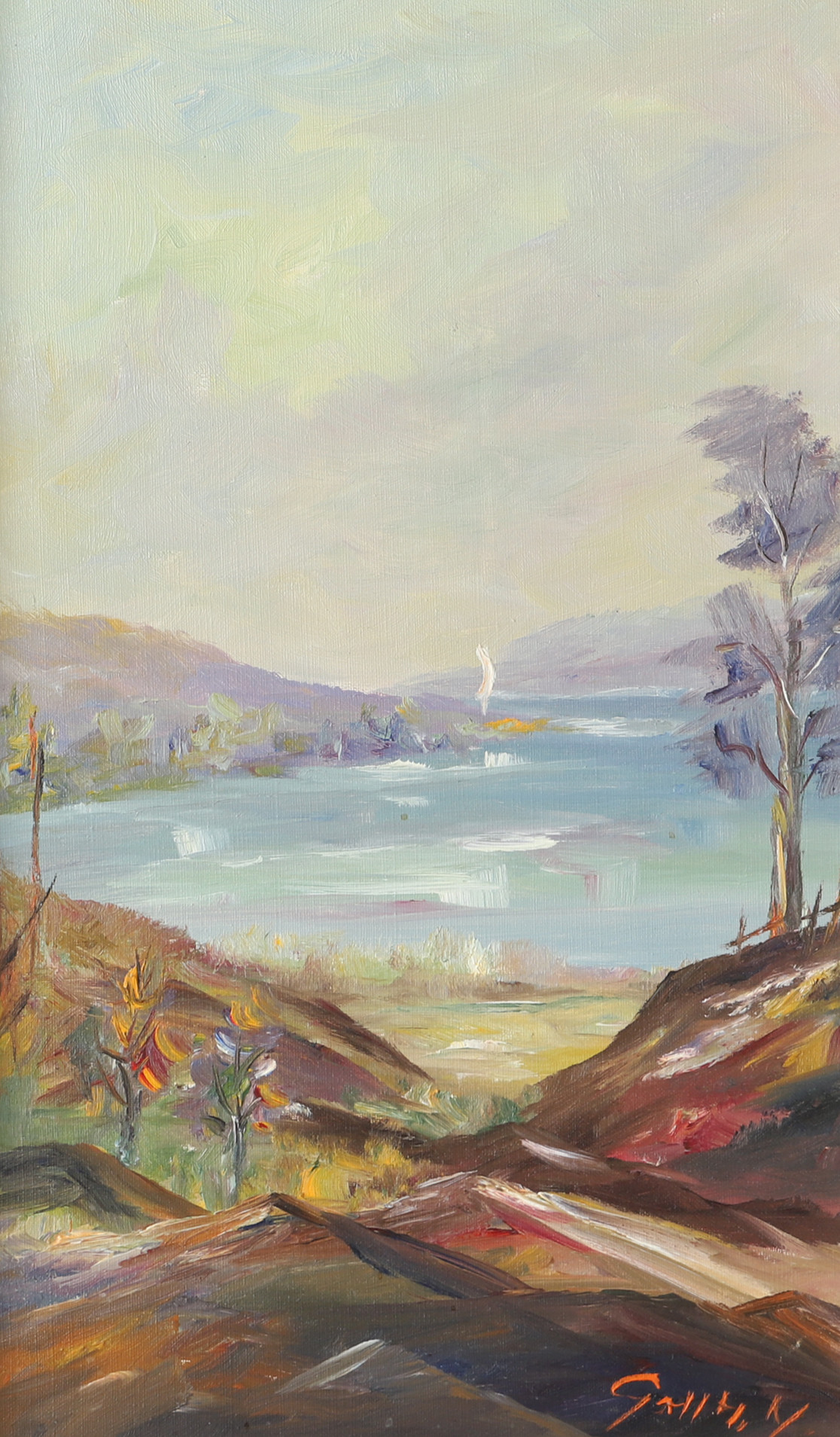 OIDENTIFIERAD KONSTNÄR. Sjölandskap, olja på duk, otydligt signerad.