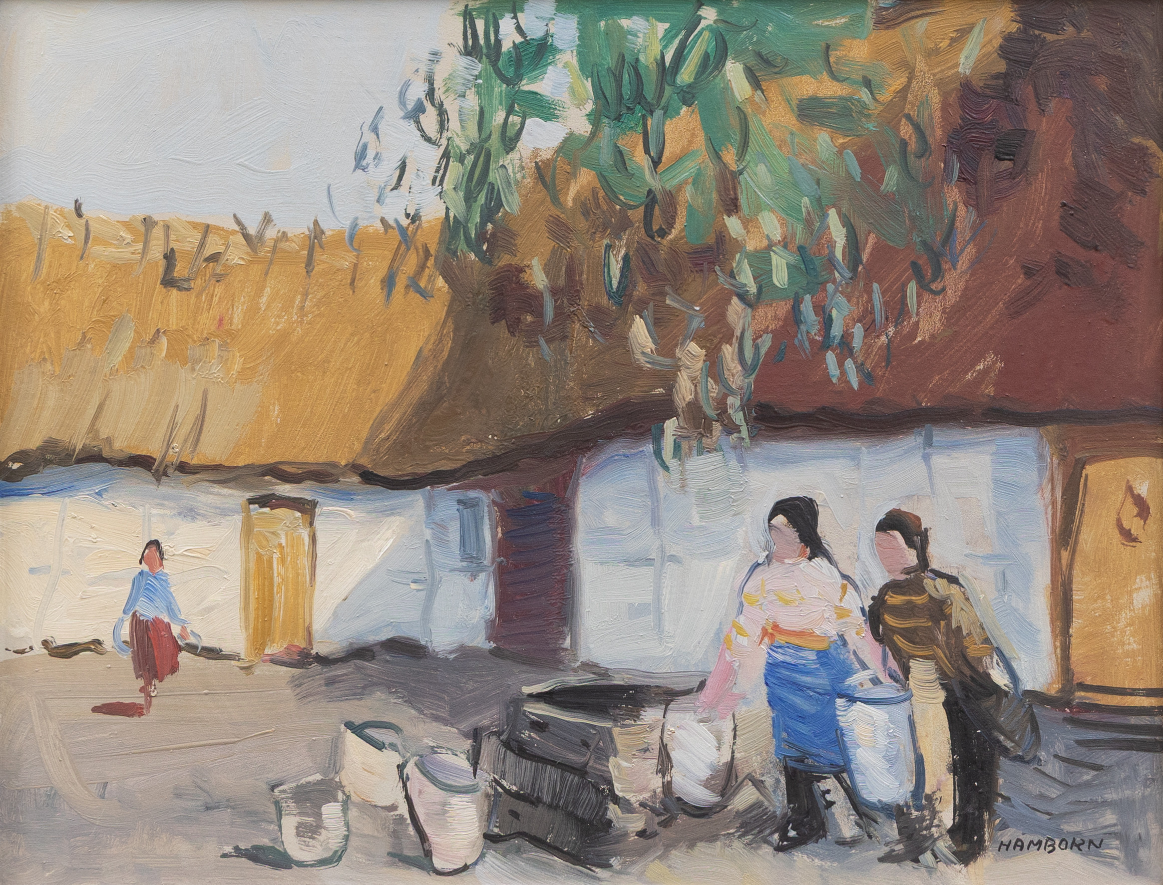 AXEL HAMBORN. Vid brunnen, olja på pannå, signerad.