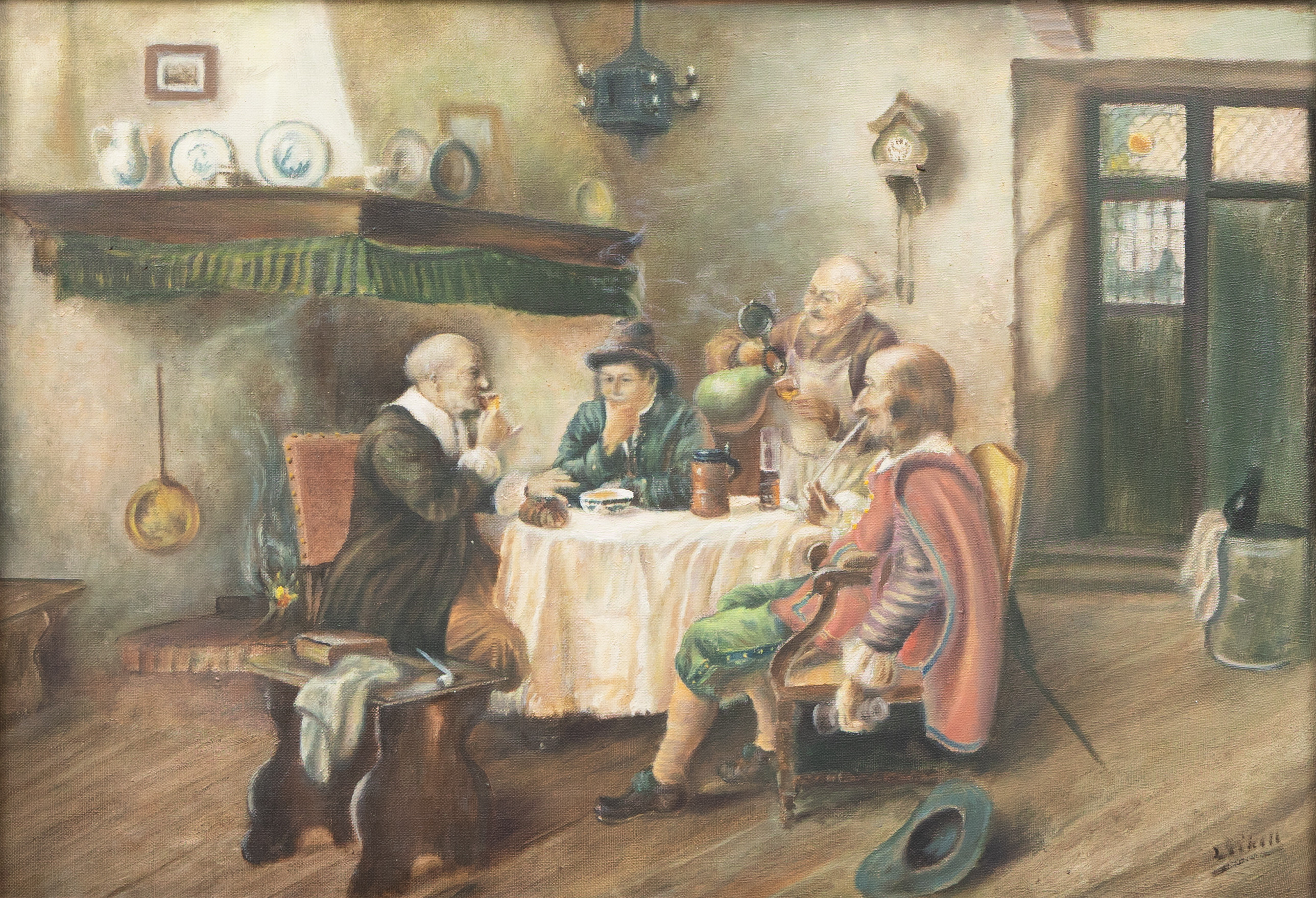 OIDENTIFIERAD KONSTNÄR. Vid matbordet, olja på duk, otydligt signerad.