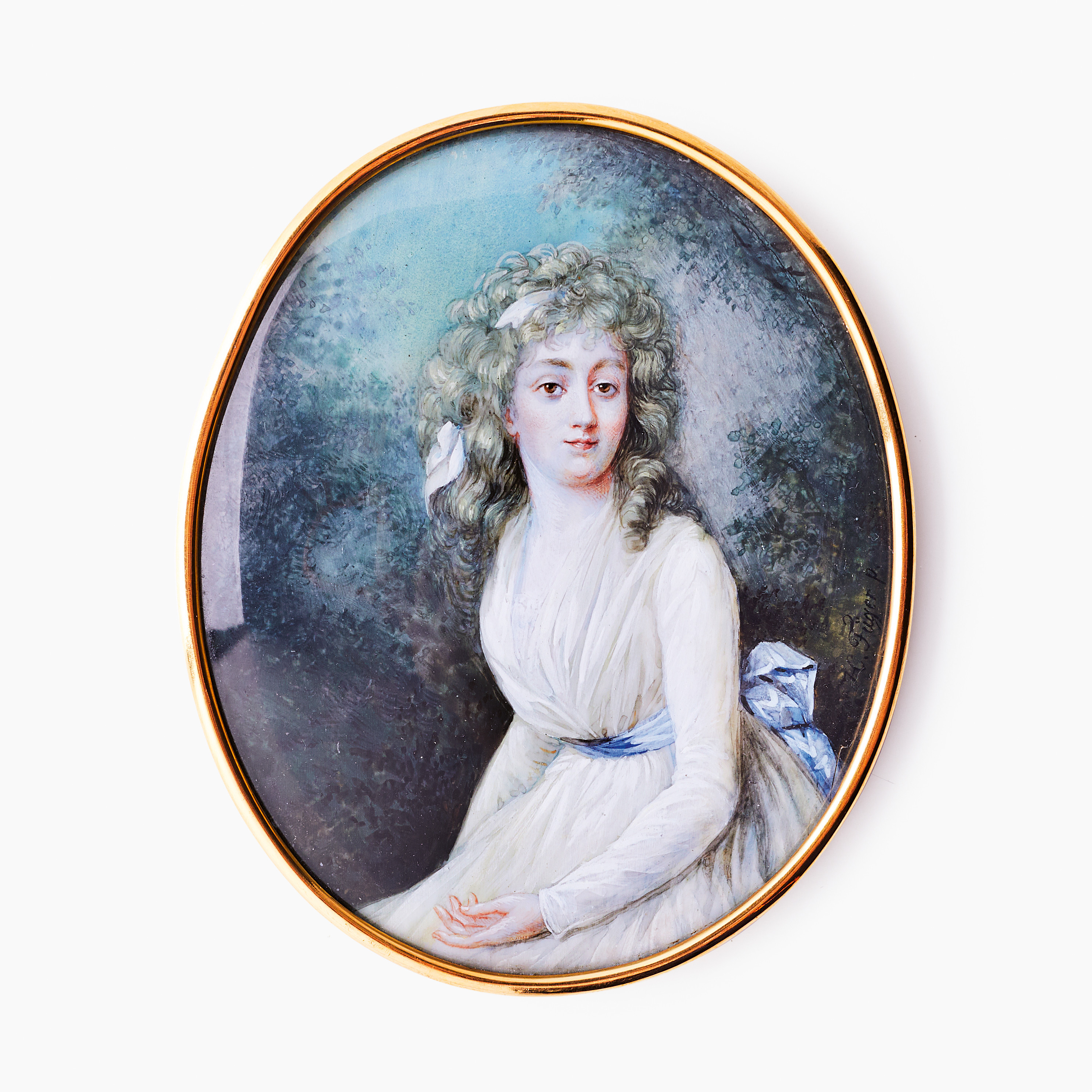 HEINRICH FRIEDRICH FÜGER (1751‑1818). Efter. Porträttminiatyr föreställande dam i vit klänning med blått band.