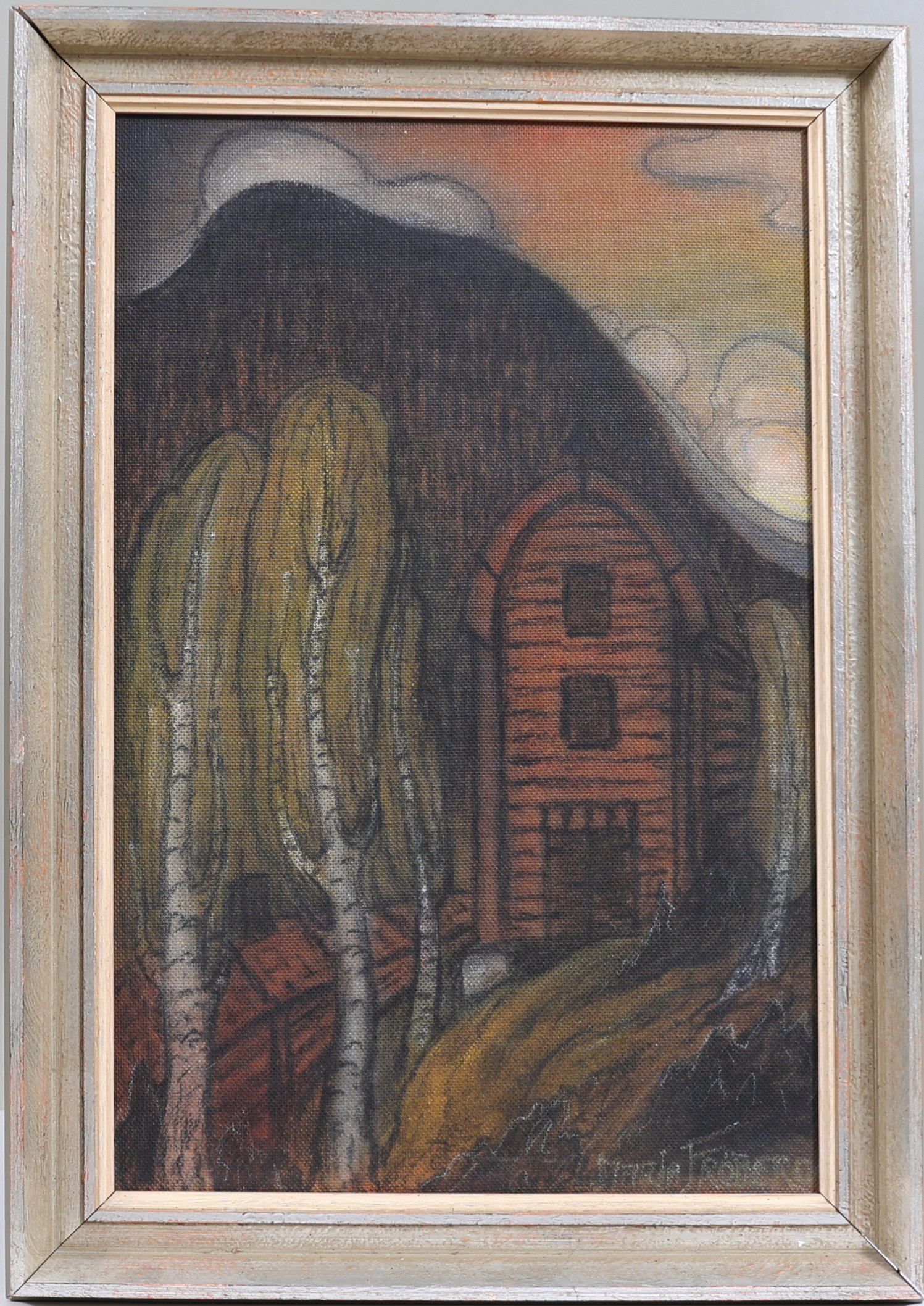 MARIA FRÖBERG (Västerås 1886-1962 Eskilstuna). Landskap med hus, olja/blandteknik på pannå, signerad.