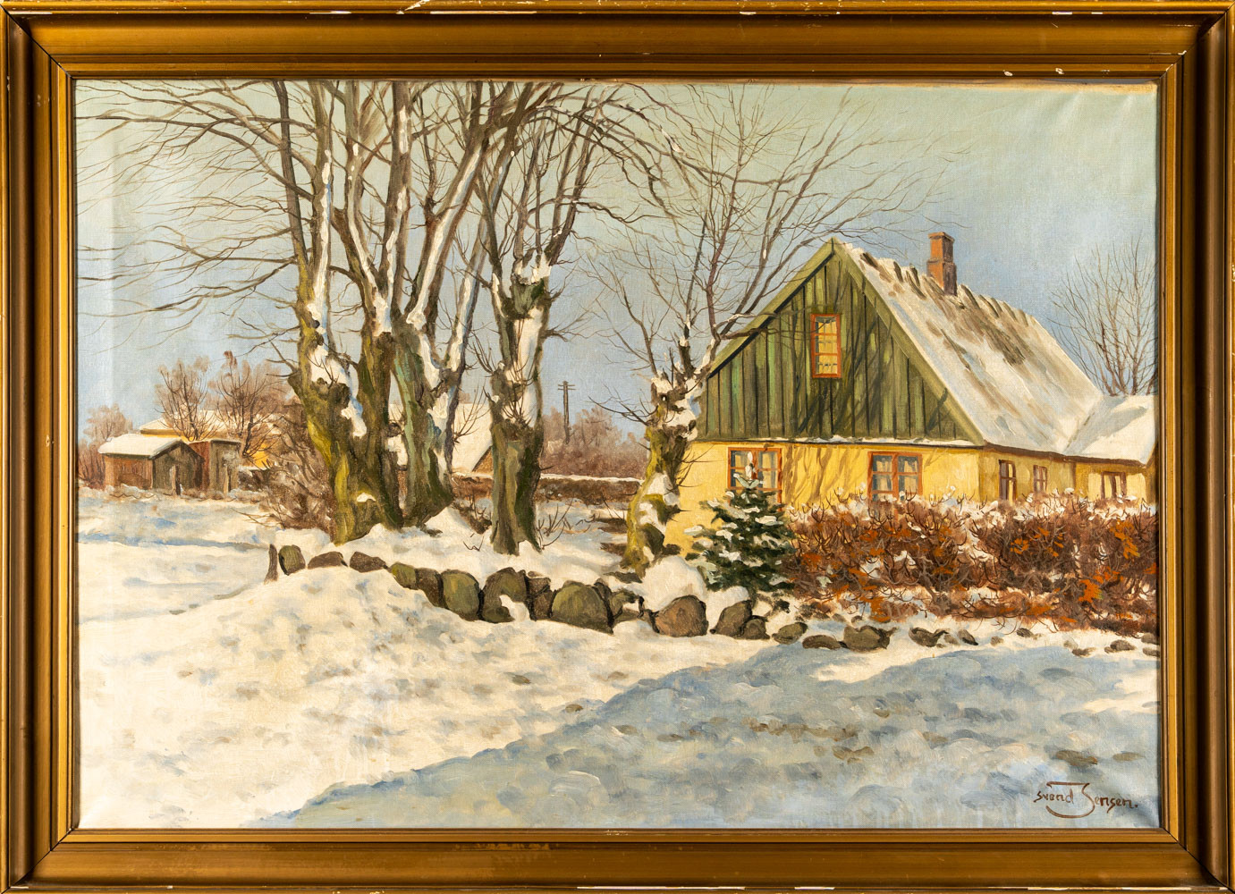 SVEND JENSEN. Olja på duk, signerad, motiv "vinterlandskap med hus".